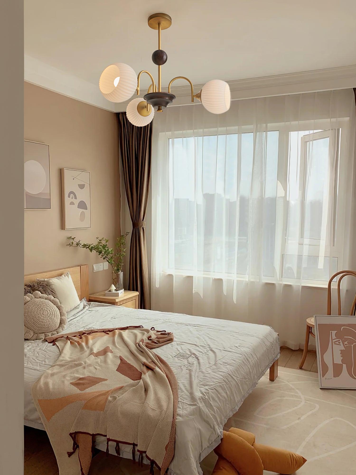 Glass Ribbed Chandelier | Metal & Glass | Gold & Walnut Finish