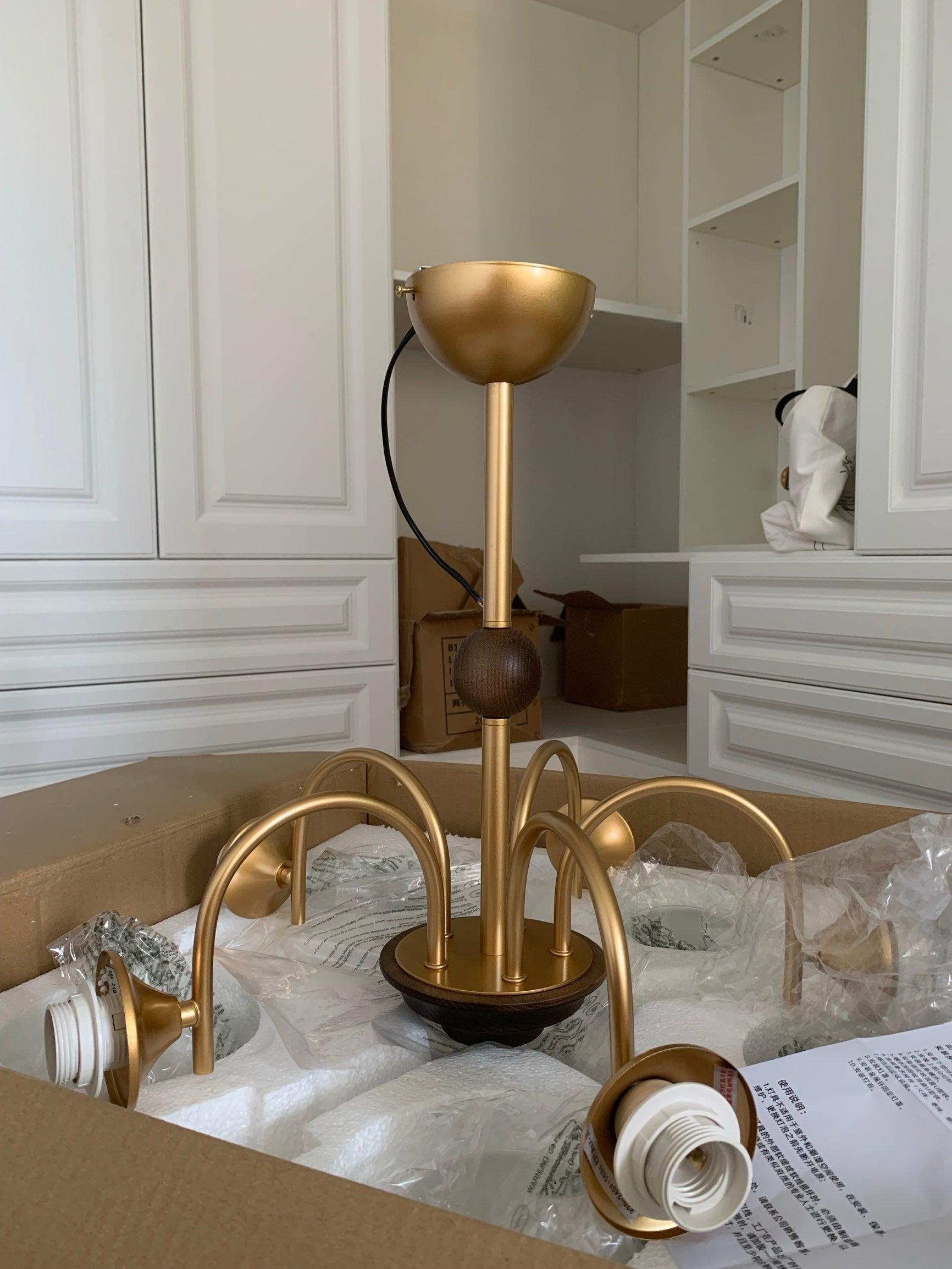 Glass Ribbed Chandelier | Metal & Glass | Gold & Walnut Finish