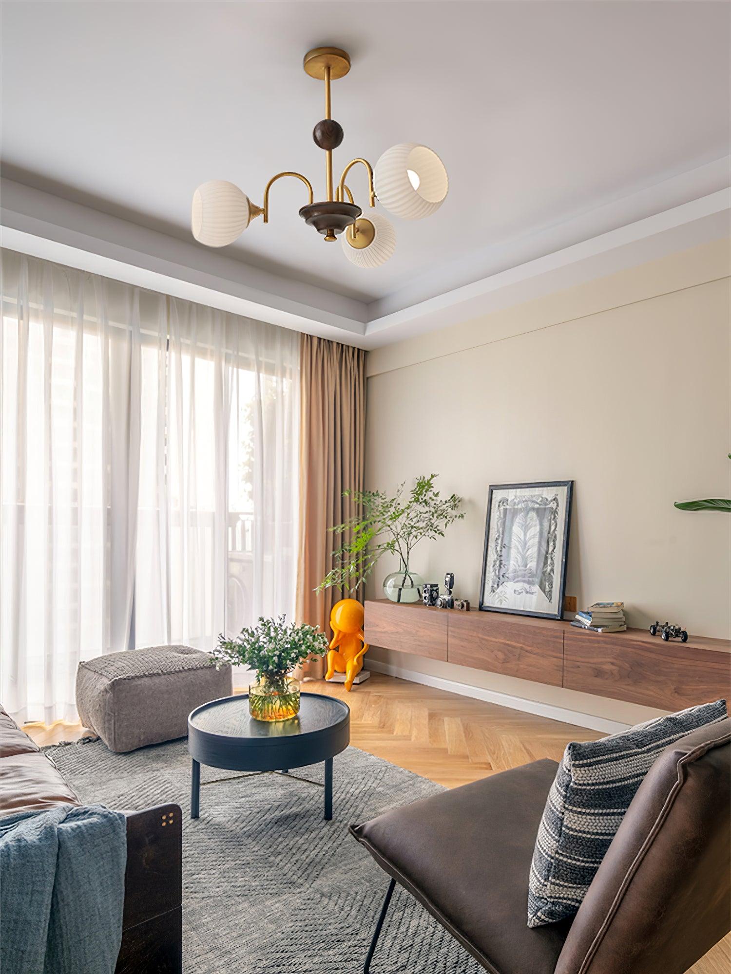 Glass Ribbed Chandelier | Metal & Glass | Gold & Walnut Finish