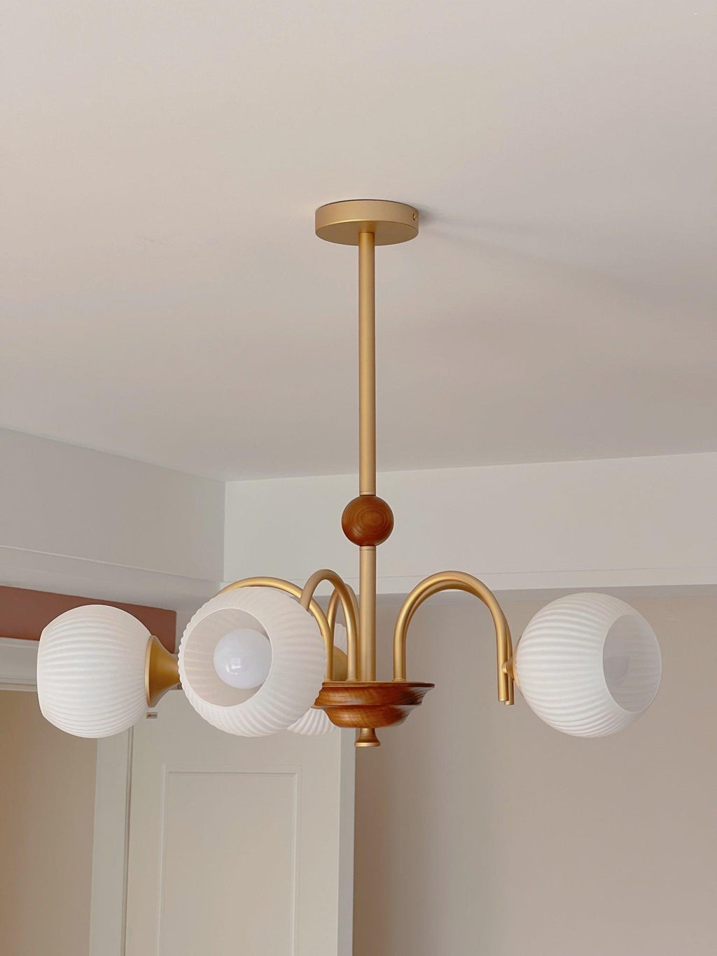 Glass Ribbed Chandelier | Metal & Glass | Gold & Walnut Finish