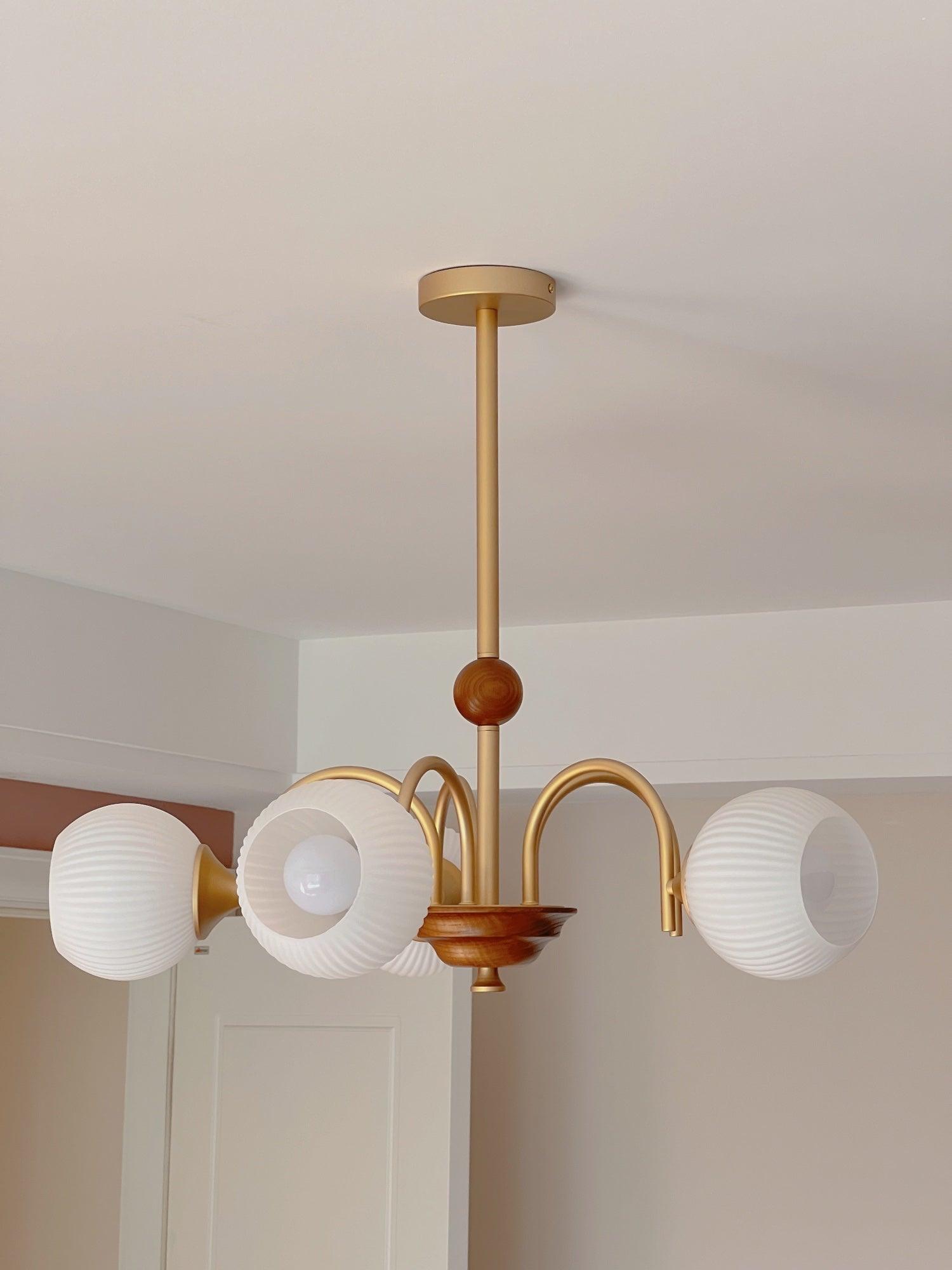 Glass Ribbed Chandelier | Metal & Glass | Gold & Walnut Finish