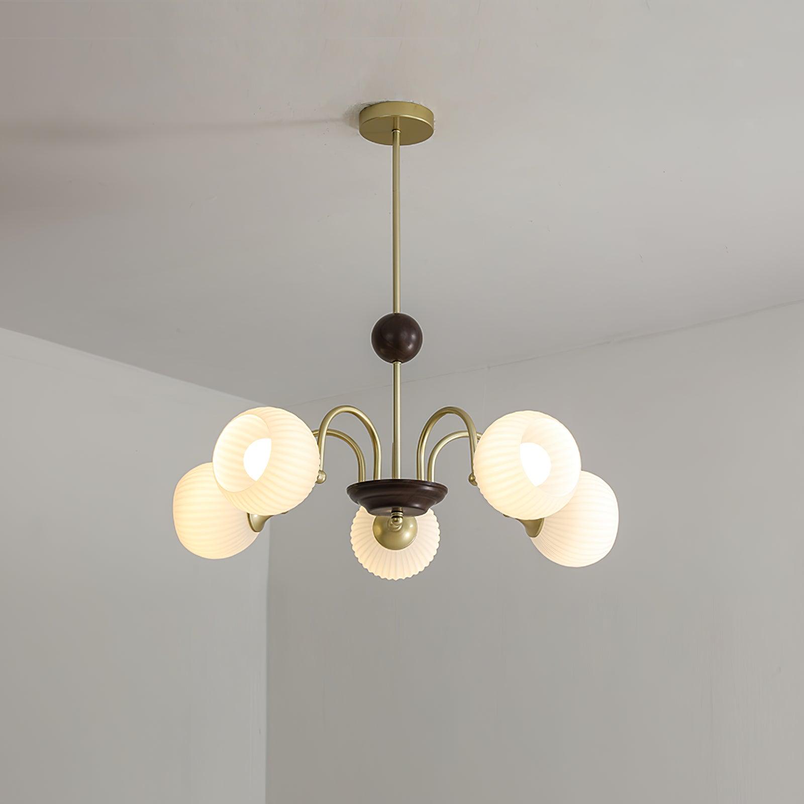Glass Ribbed Chandelier | Metal & Glass | Gold & Walnut Finish