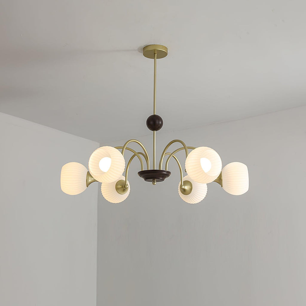 Glass Ribbed Chandelier | Metal & Glass | Gold & Walnut Finish