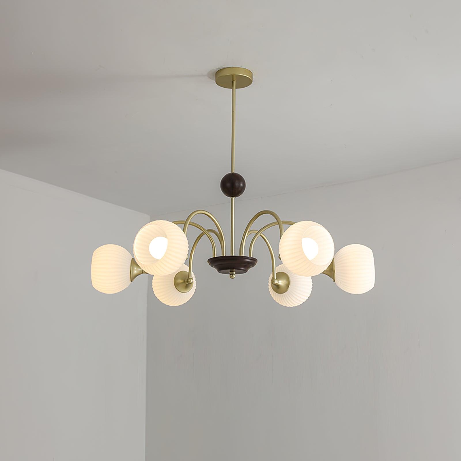 Glass Ribbed Chandelier | Metal & Glass | Gold & Walnut Finish