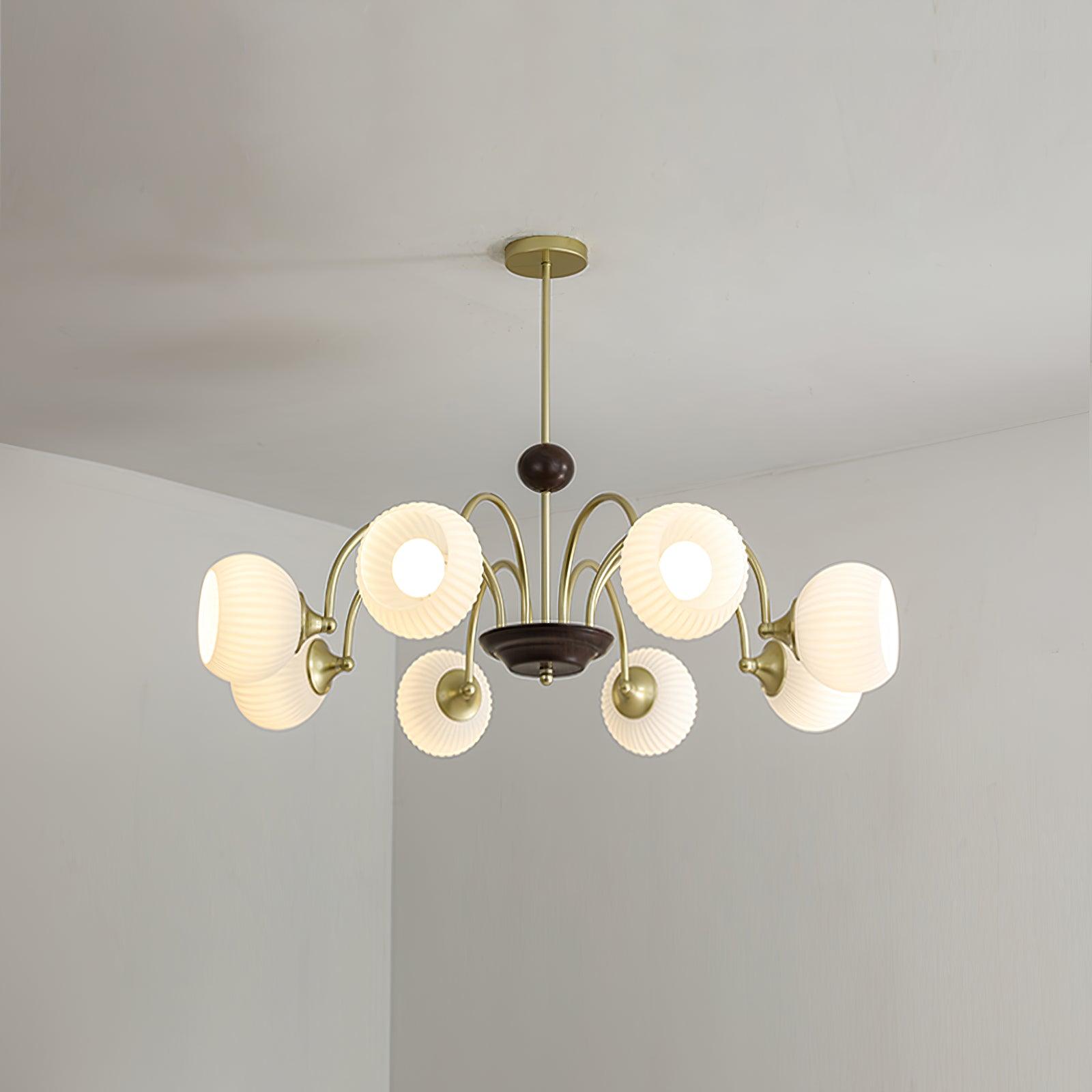 Glass Ribbed Chandelier | Metal & Glass | Gold & Walnut Finish