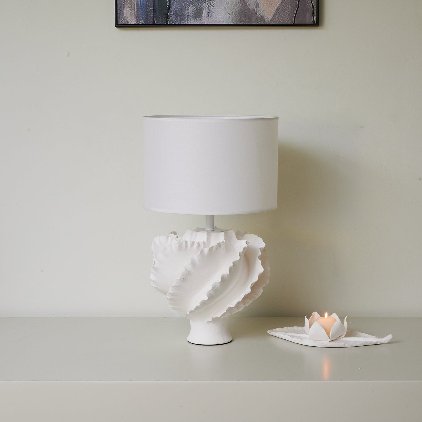 Table Lamp | Matte White Metal & Fabric | 30cm Diameter