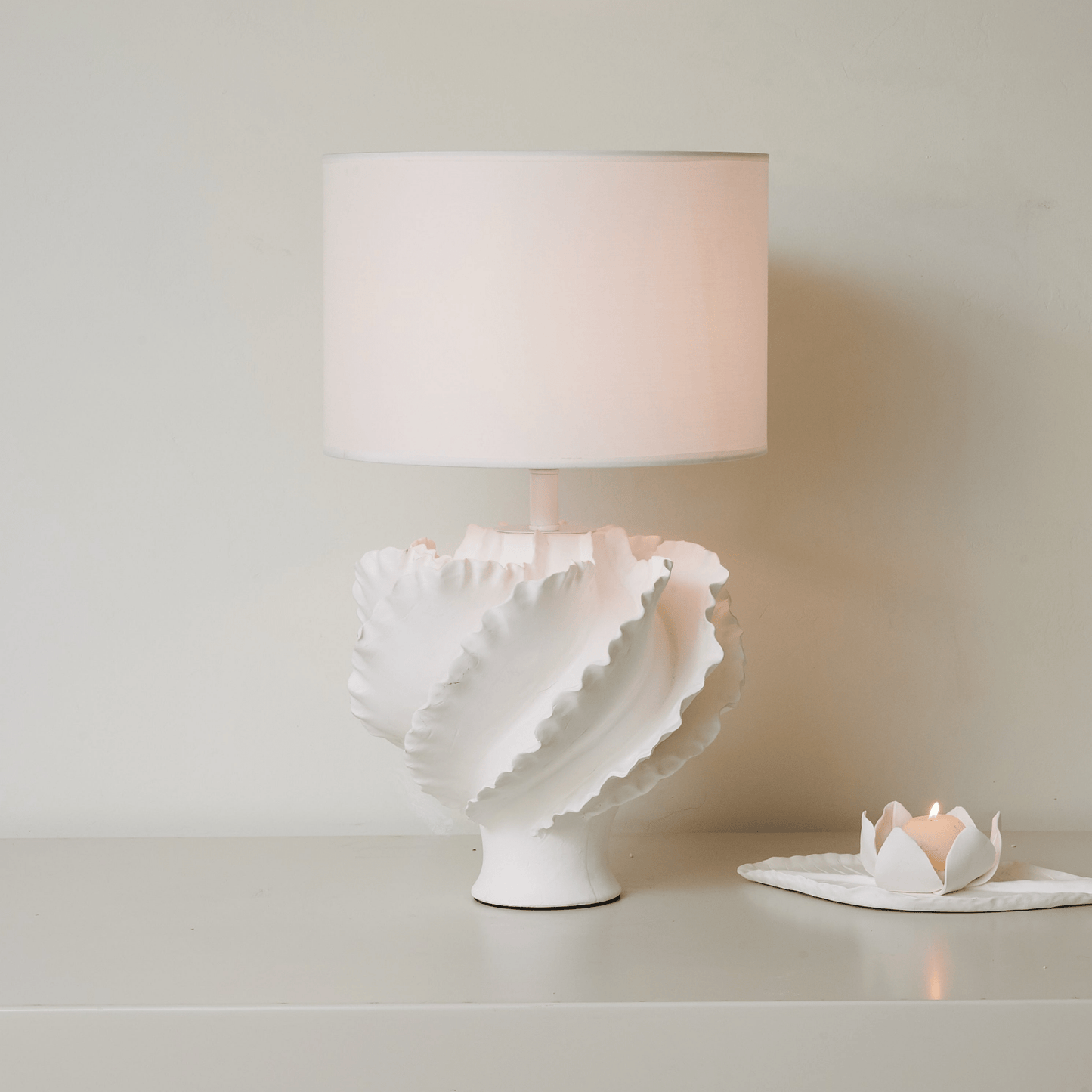 Table Lamp | Matte White Metal & Fabric | 30cm Diameter
