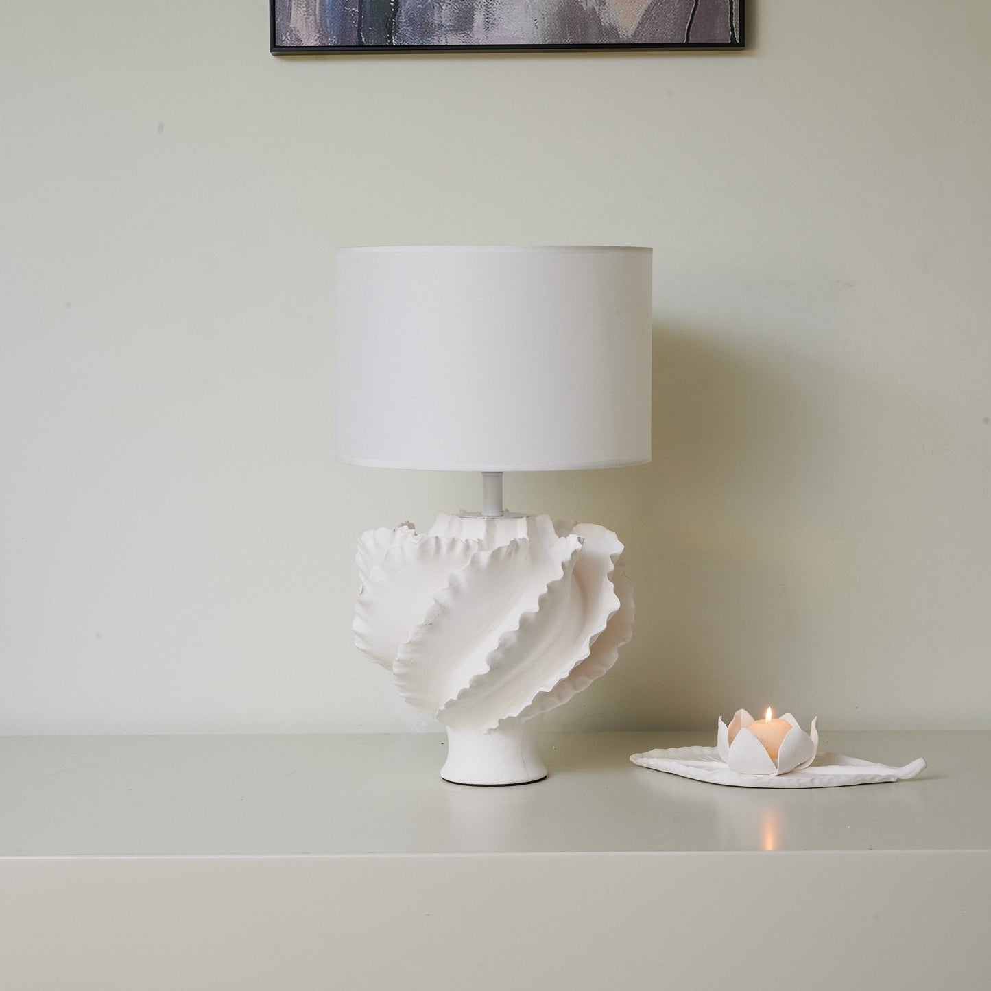 Table Lamp | Matte White Metal & Fabric | 30cm Diameter