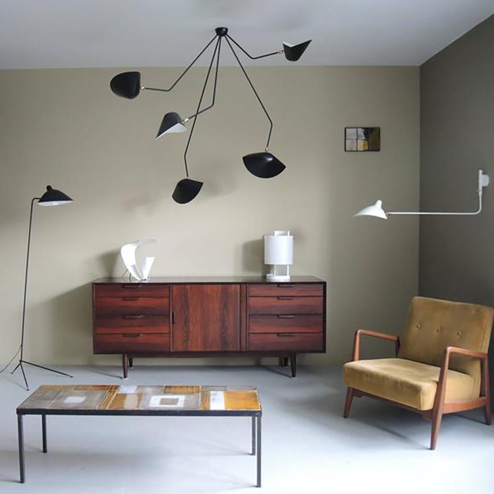 Serge Mouille Three-Arm Ceiling Lamp | Lacquered Aluminum & Steel | White or Black