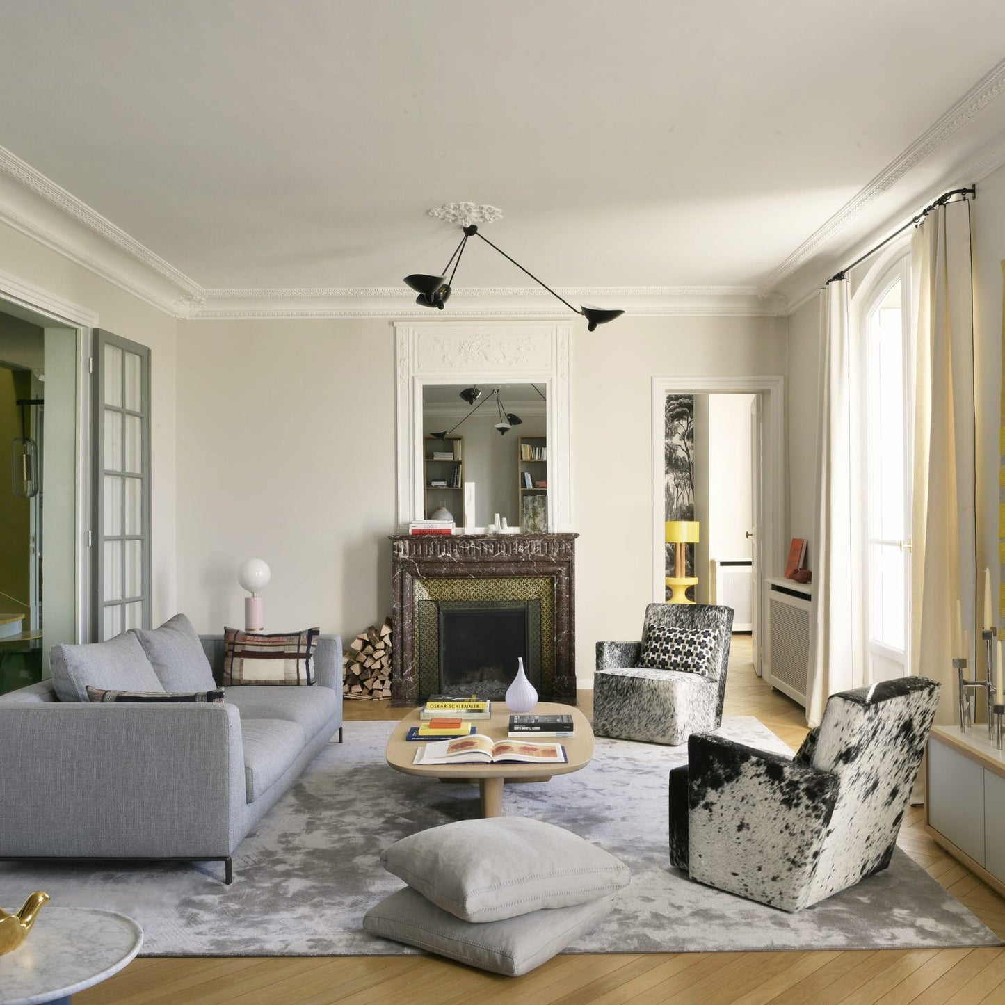 Serge Mouille Three-Arm Ceiling Lamp | Lacquered Aluminum & Steel | White or Black