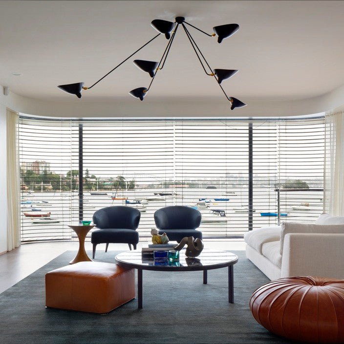 Serge Mouille Three-Arm Ceiling Lamp | Lacquered Aluminum & Steel | White or Black