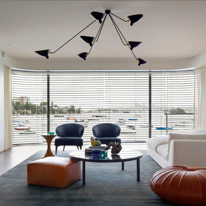 Serge Mouille Three-Arm Ceiling Lamp | Lacquered Aluminum & Steel | White or Black