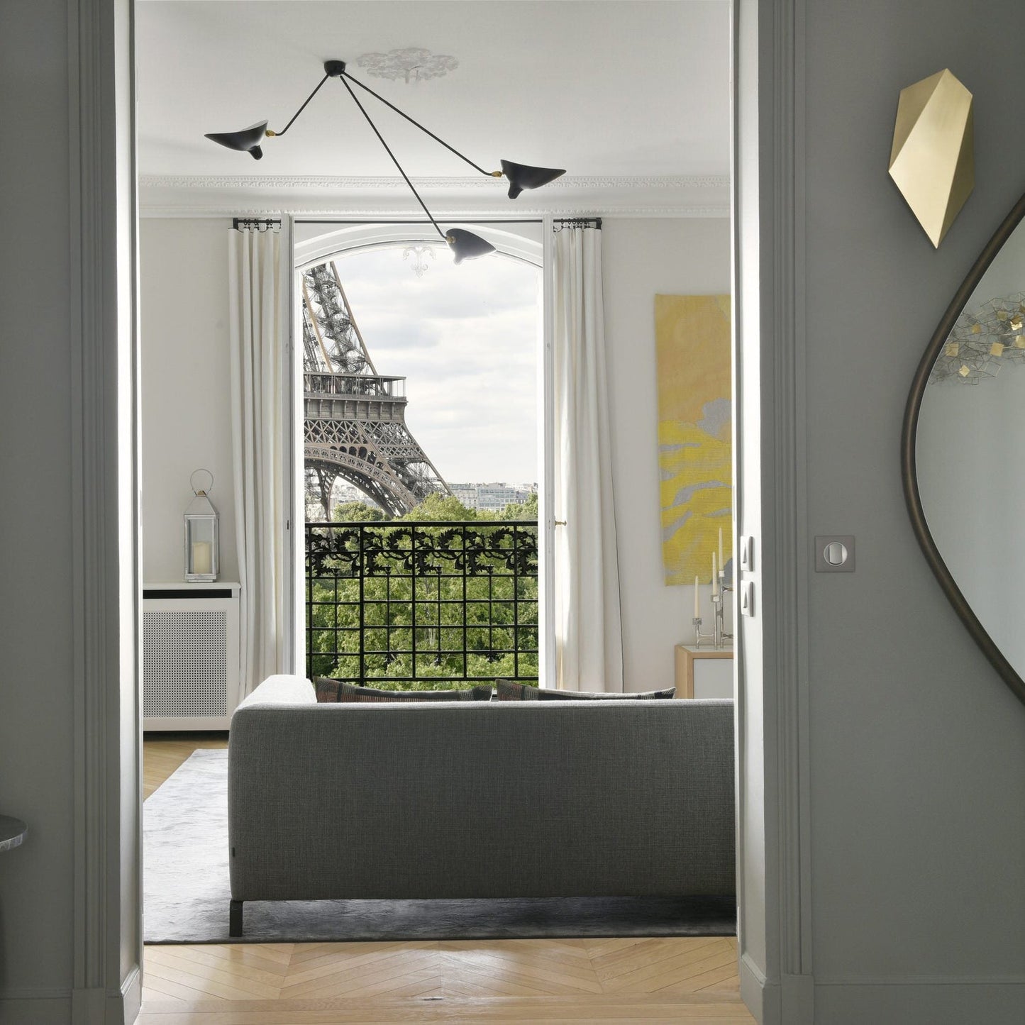 Serge Mouille Three-Arm Ceiling Lamp | Lacquered Aluminum & Steel | White or Black