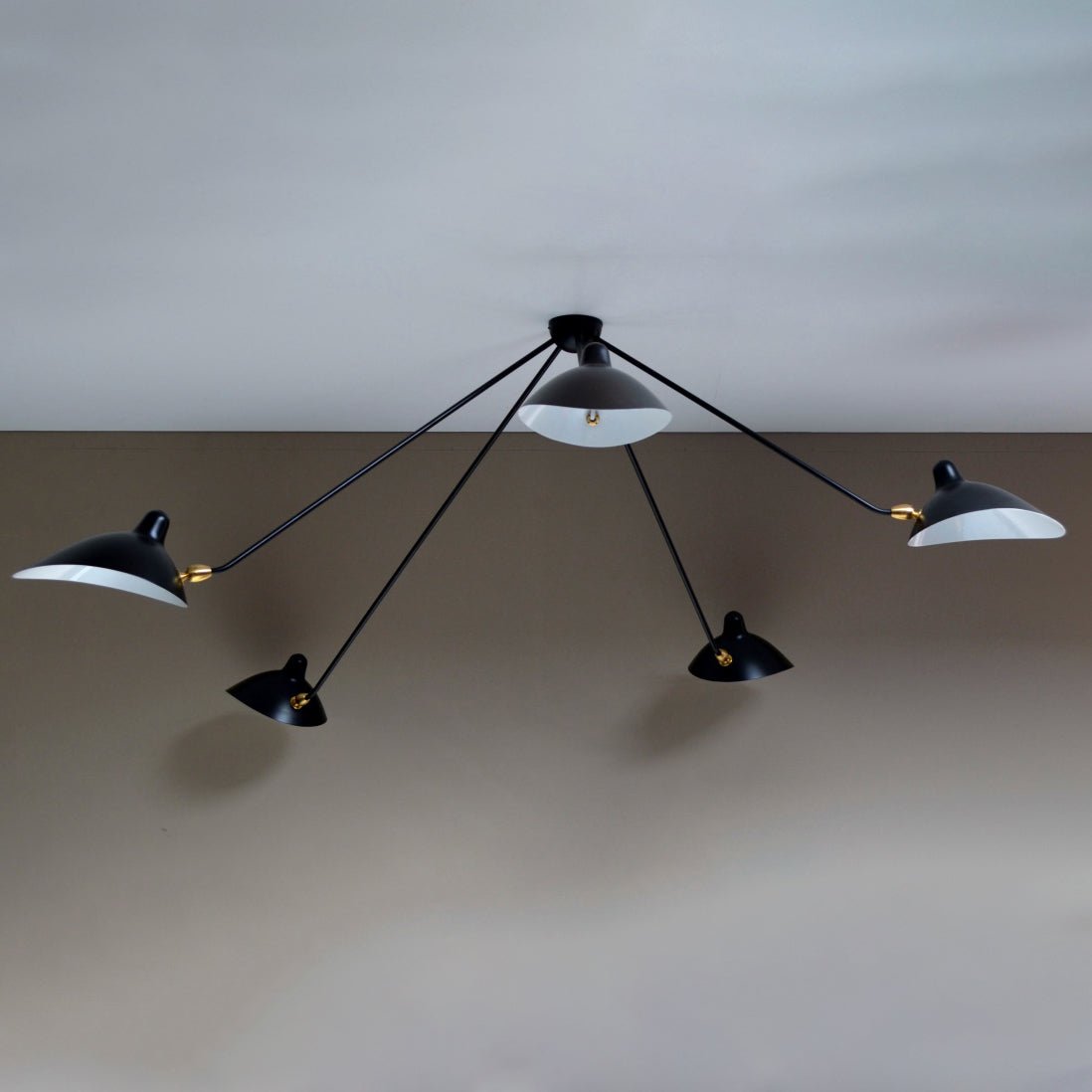 Serge Mouille Three-Arm Ceiling Lamp | Lacquered Aluminum & Steel | White or Black