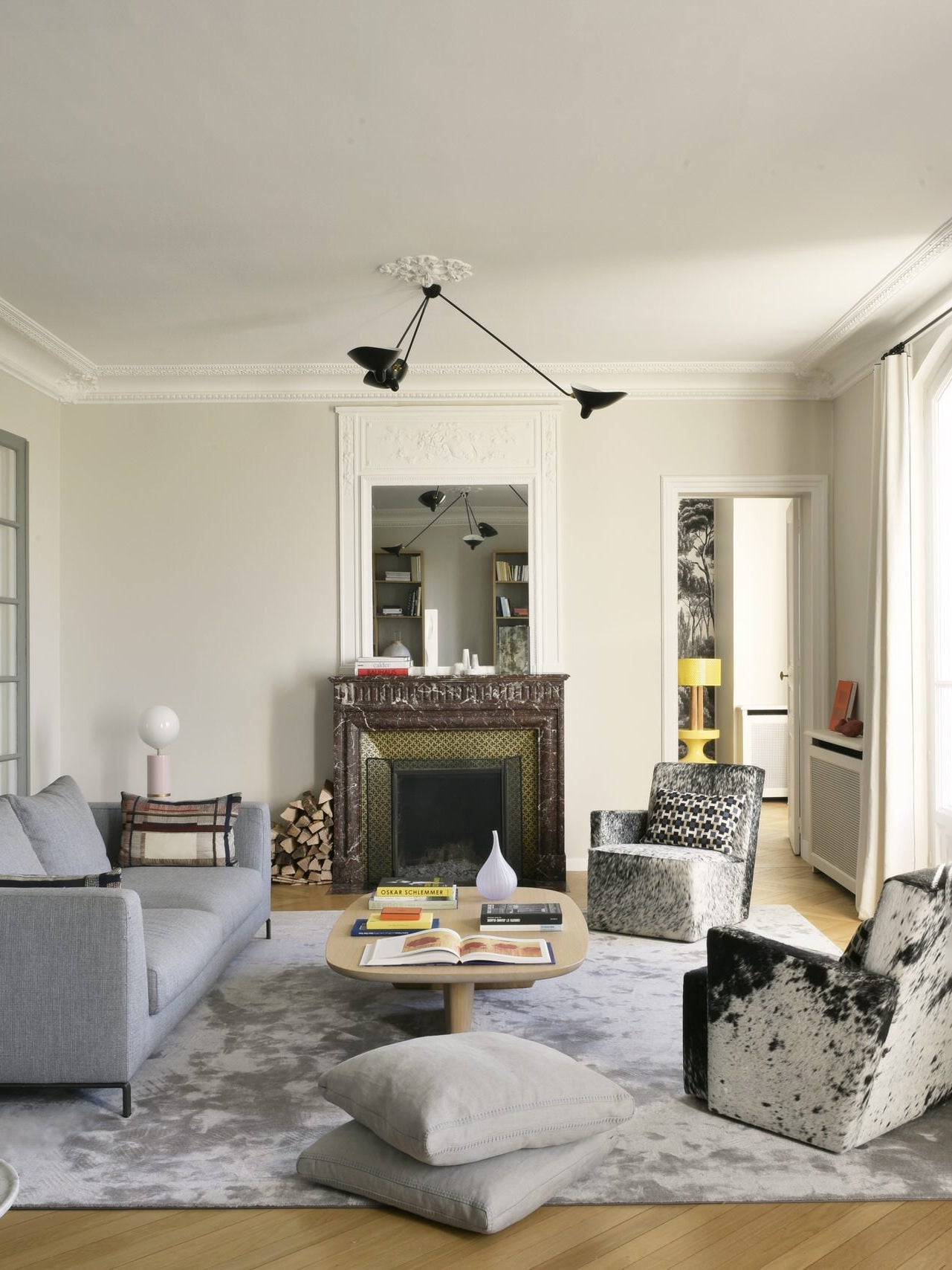 Serge Mouille Three-Arm Ceiling Lamp | Lacquered Aluminum & Steel | White or Black