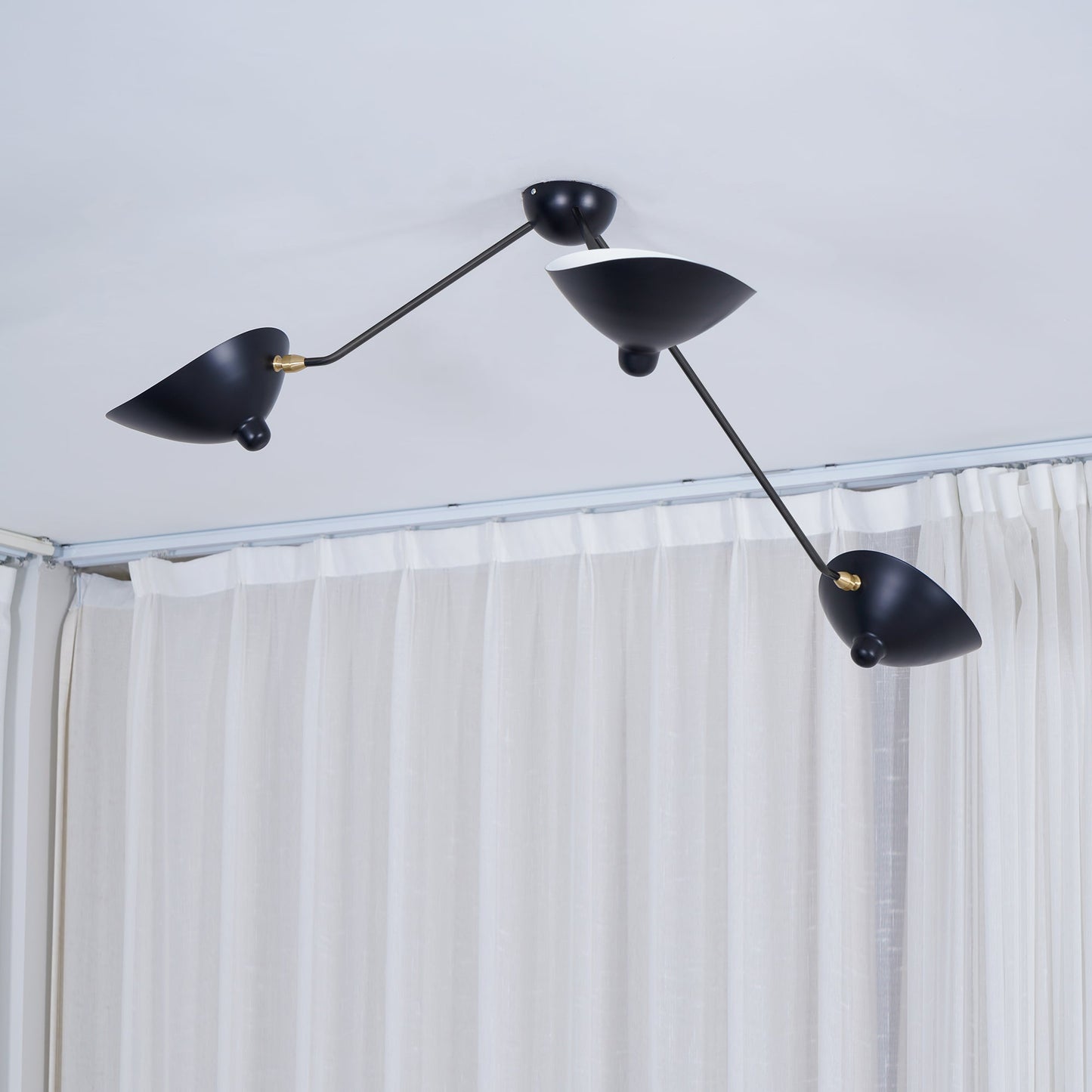 Serge Mouille Three-Arm Ceiling Lamp | Lacquered Aluminum & Steel | White or Black