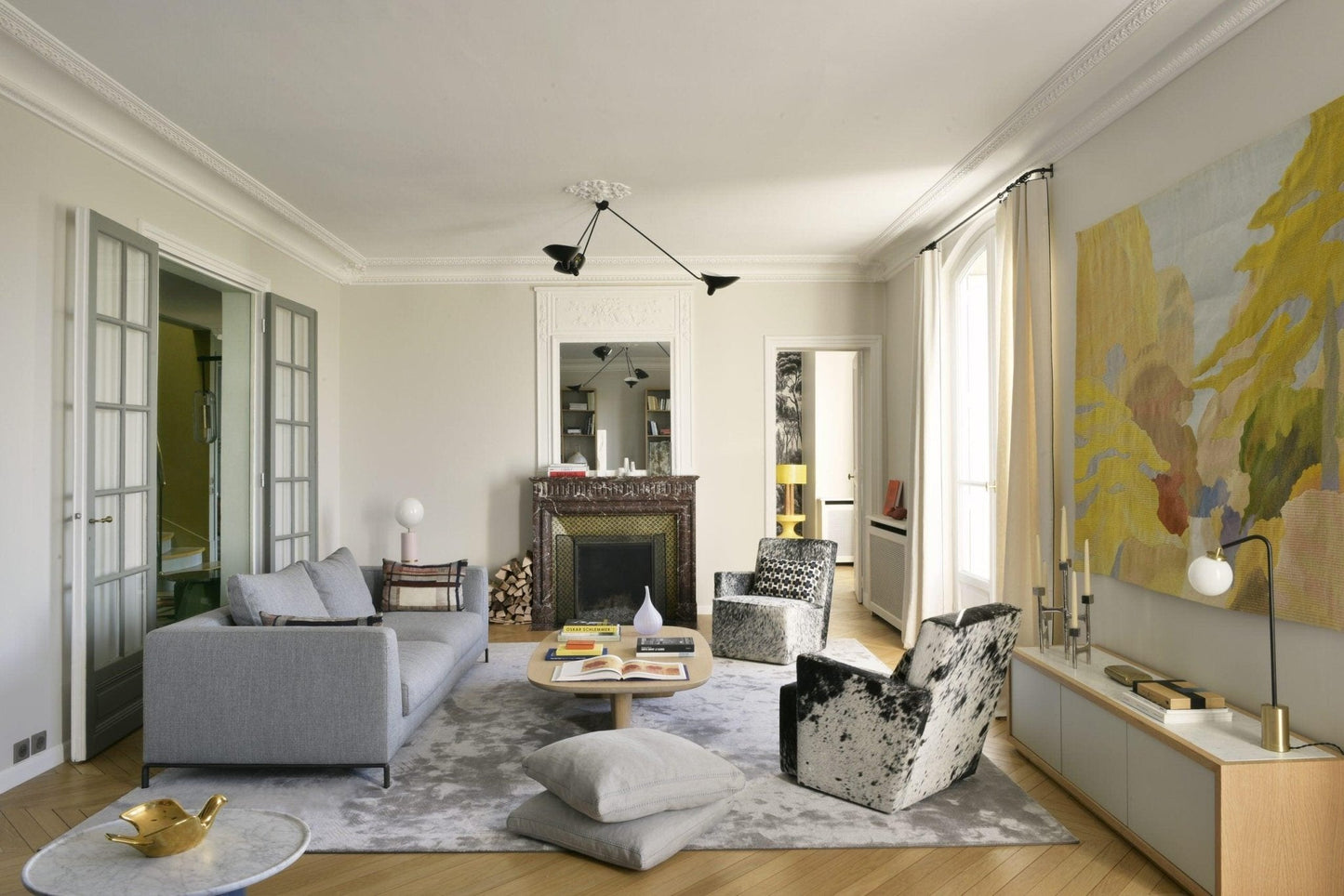 Serge Mouille Three-Arm Ceiling Lamp | Lacquered Aluminum & Steel | White or Black