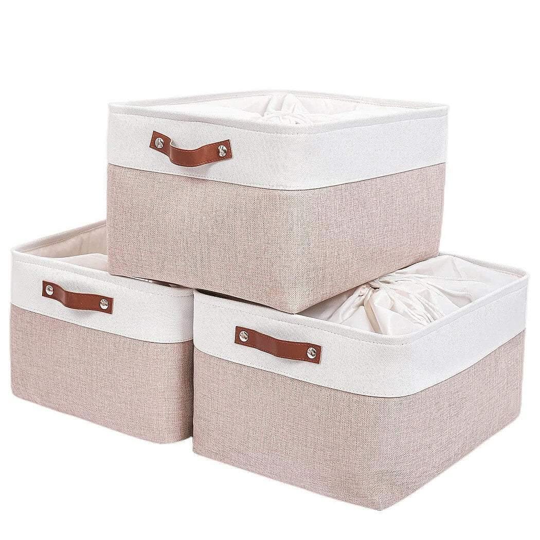 Fabric Storage Boxes | Collapsible with Leather Handles | Set of 3, White & Khaki