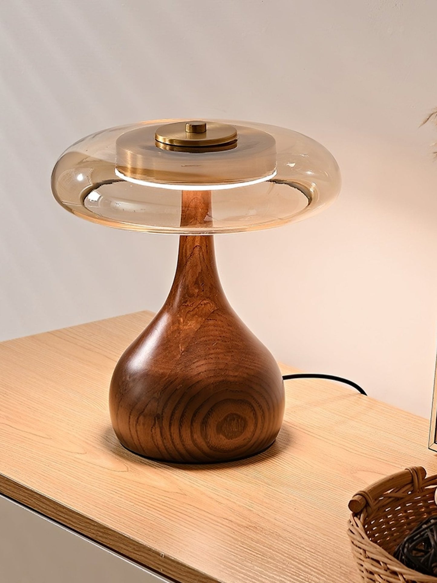 Sienna Table Lamp | Wooden Base & Amber Glass Shade | Three-Color LED
