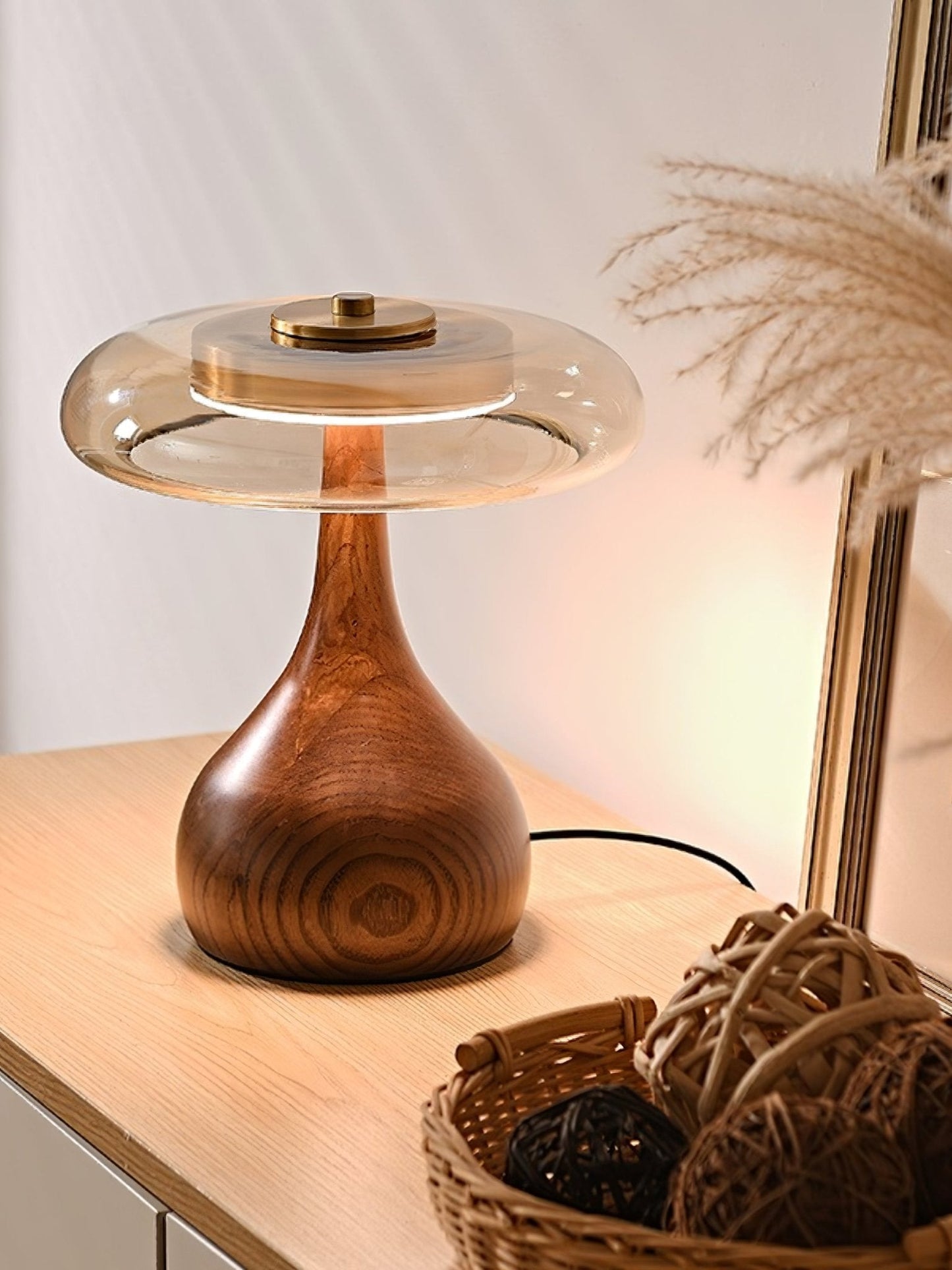 Sienna Table Lamp | Wooden Base & Amber Glass Shade | Three-Color LED