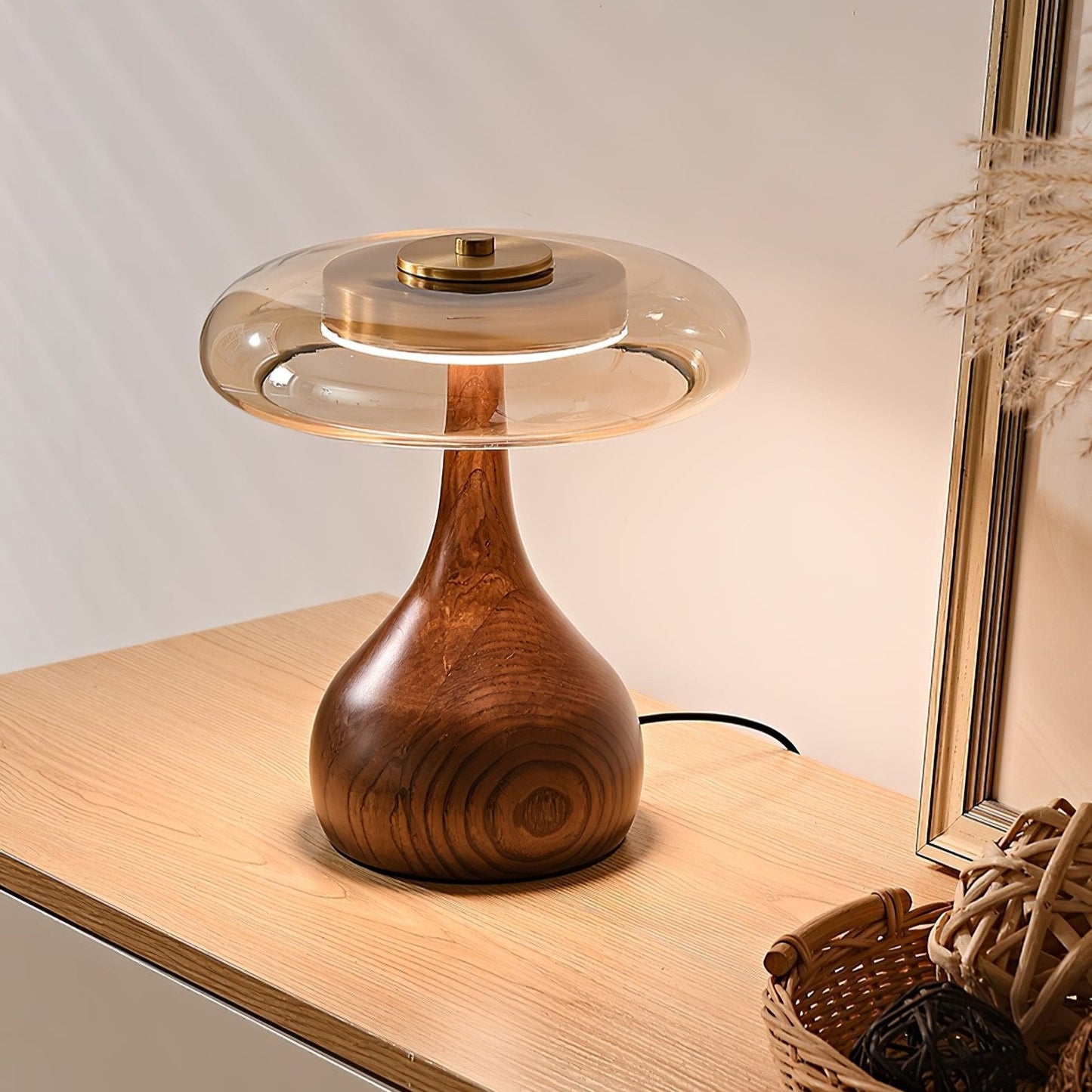 Sienna Table Lamp | Wooden Base & Amber Glass Shade | Three-Color LED