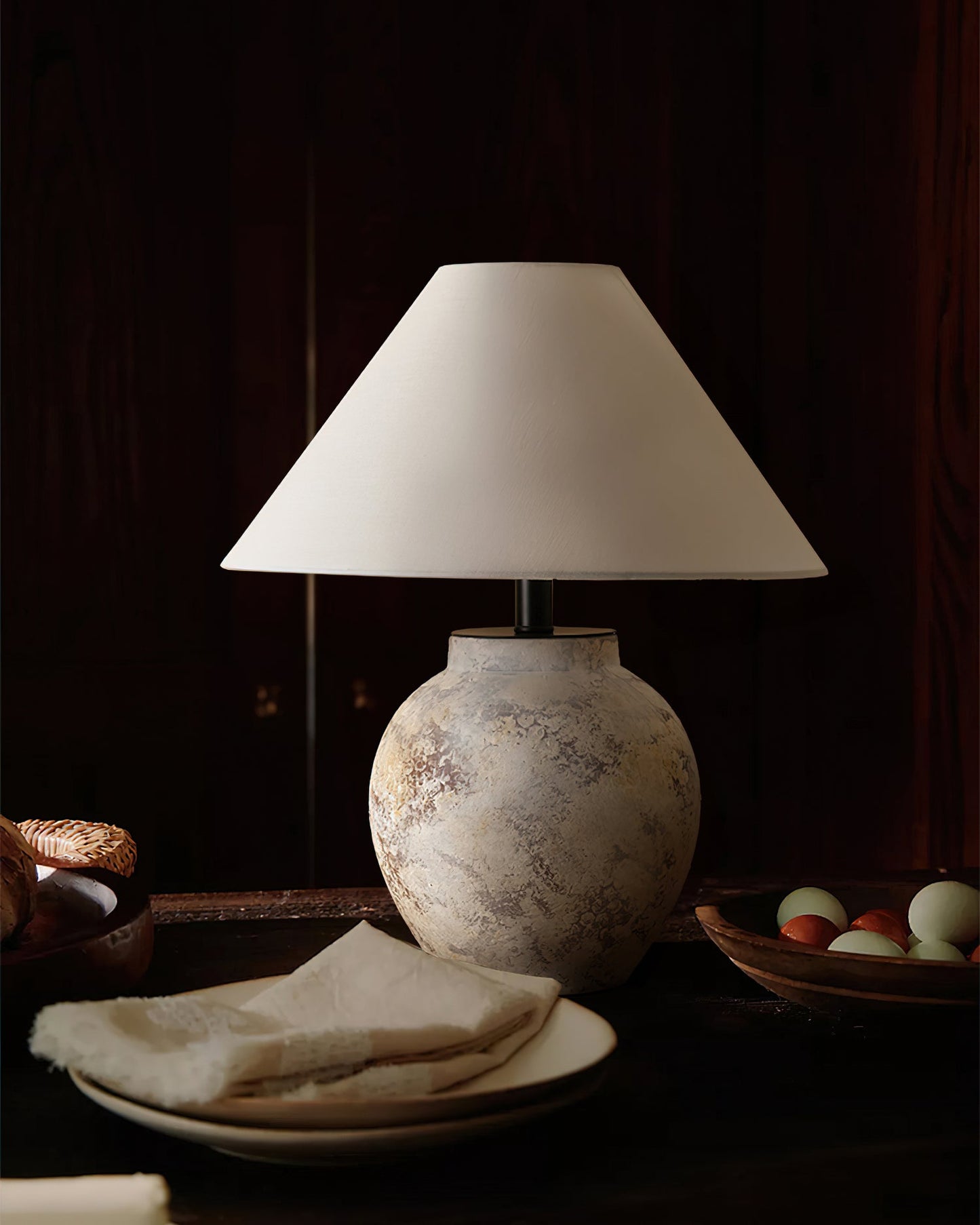 Terracotta Table Lamp | Weathered Ceramic with Beige Shade | 40cm Diameter