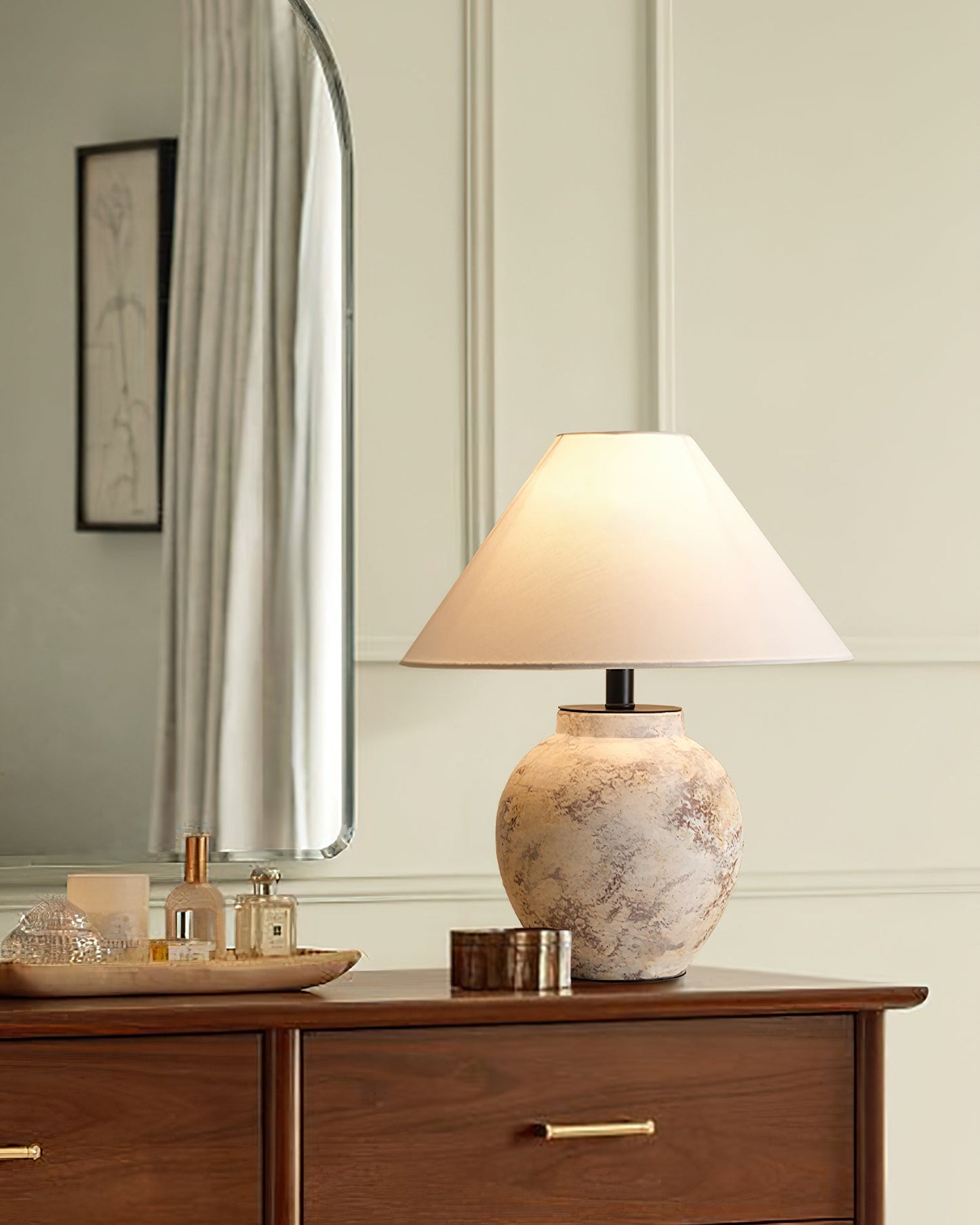Terracotta Table Lamp | Weathered Ceramic with Beige Shade | 40cm Diameter
