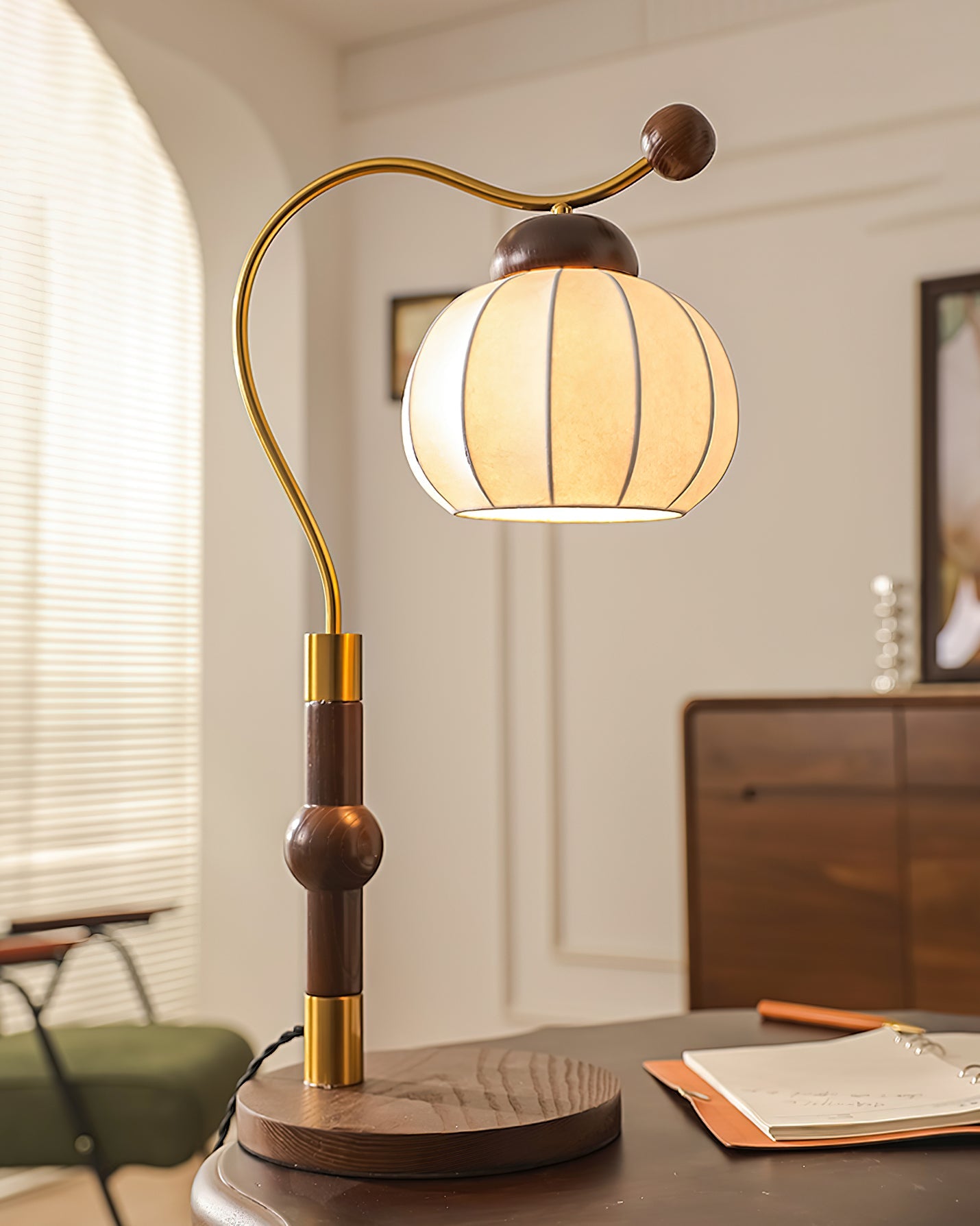 Silk Globe Table Lamp | Walnut Wood & Metal | 20cm Diameter