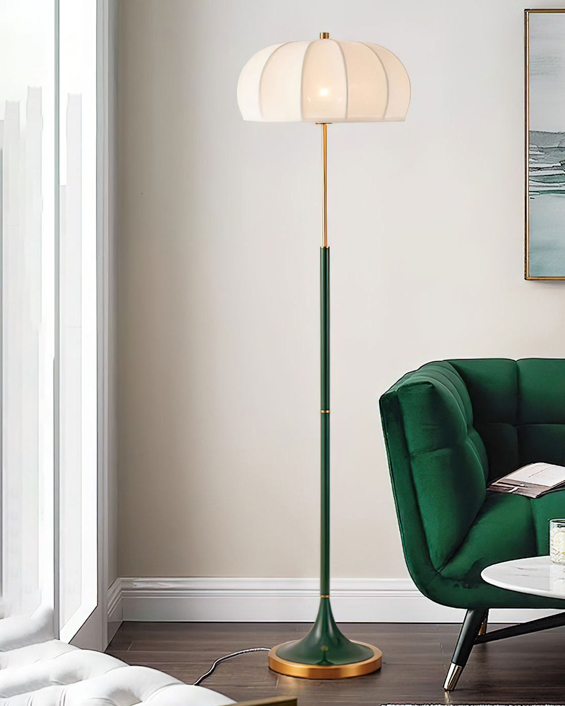 Simone Floor Lamp | Metal & Fabric | Gold and White