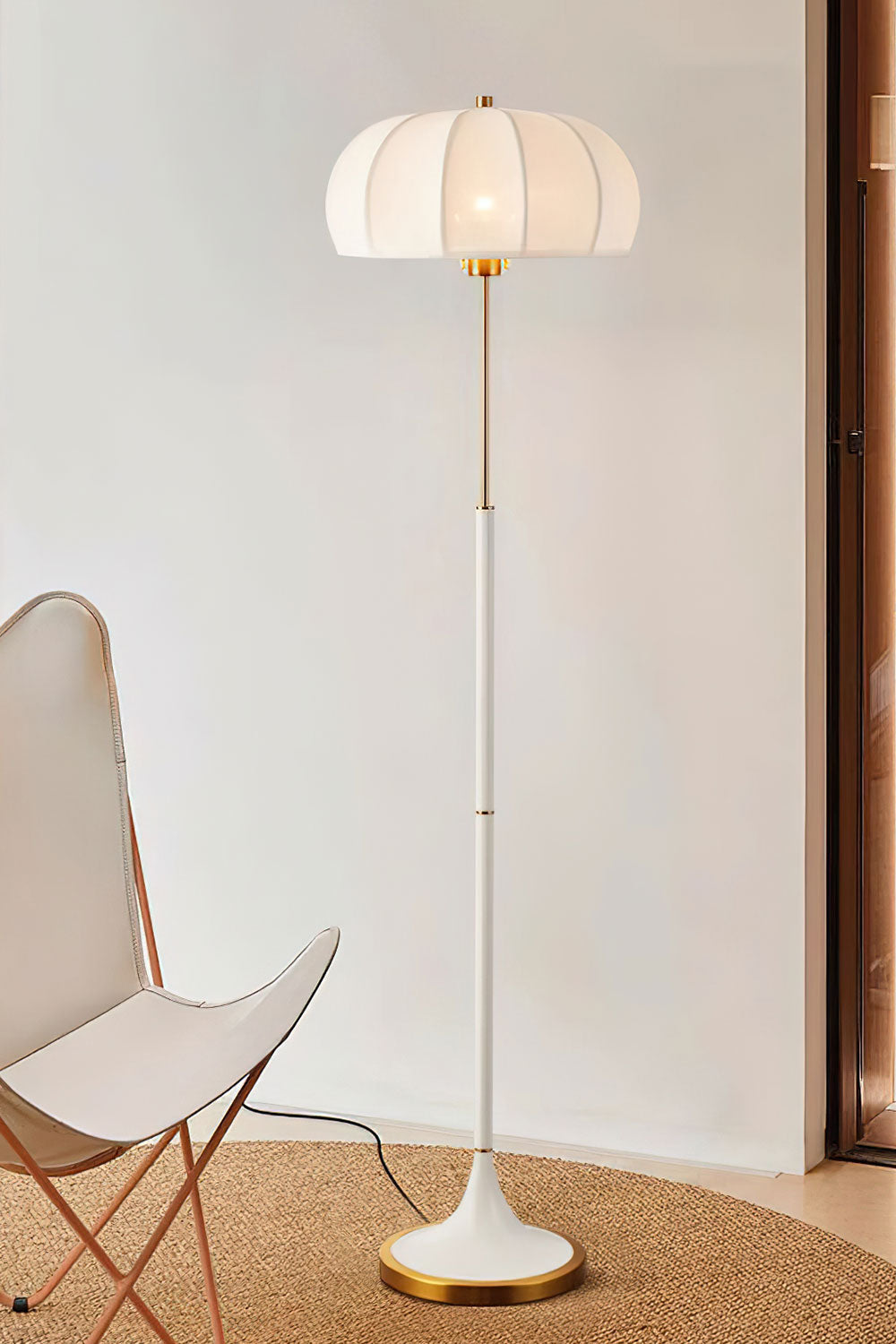 Simone Floor Lamp | Metal & Fabric | Gold and White