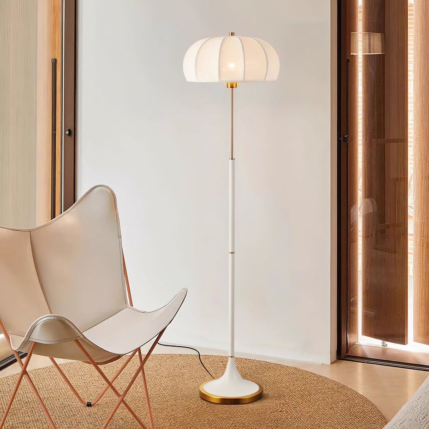 Simone Floor Lamp | Metal & Fabric | Gold and White