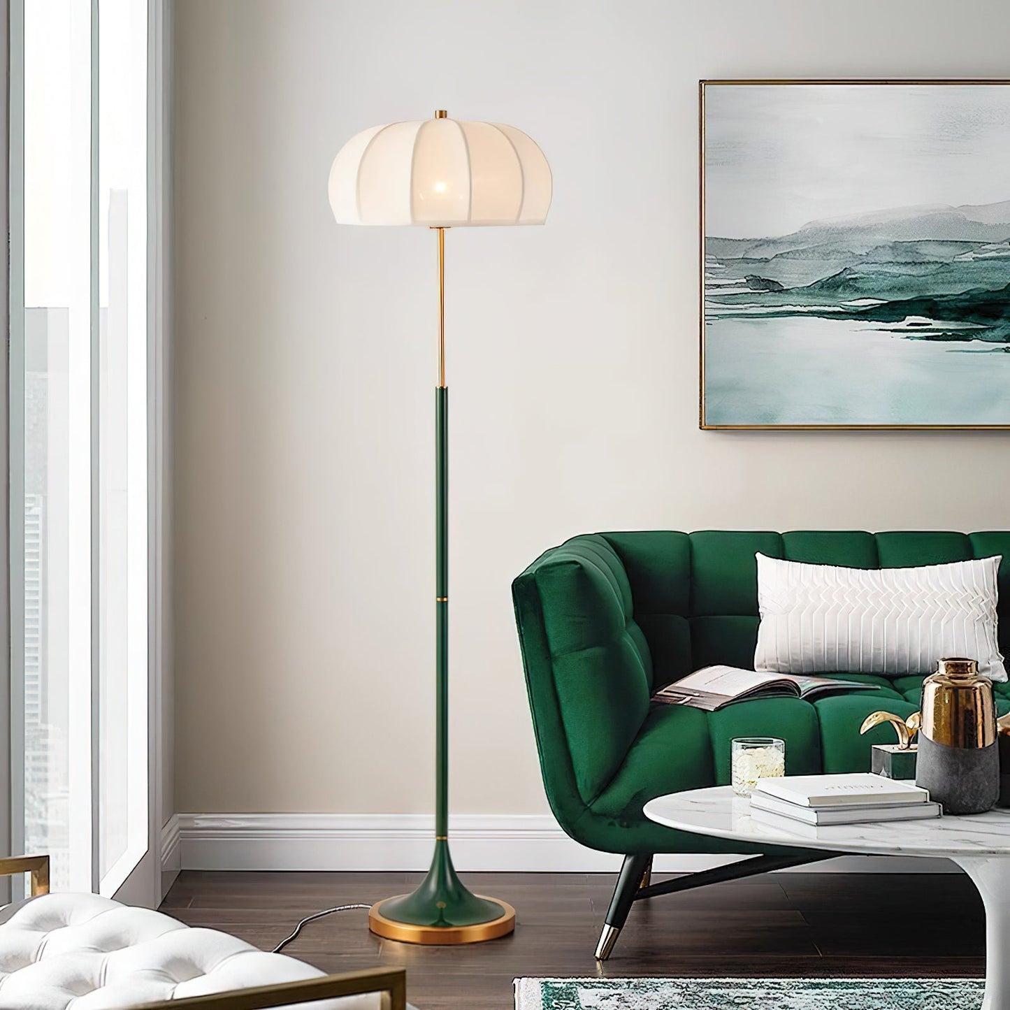 Simone Floor Lamp | Metal & Fabric | Gold and White