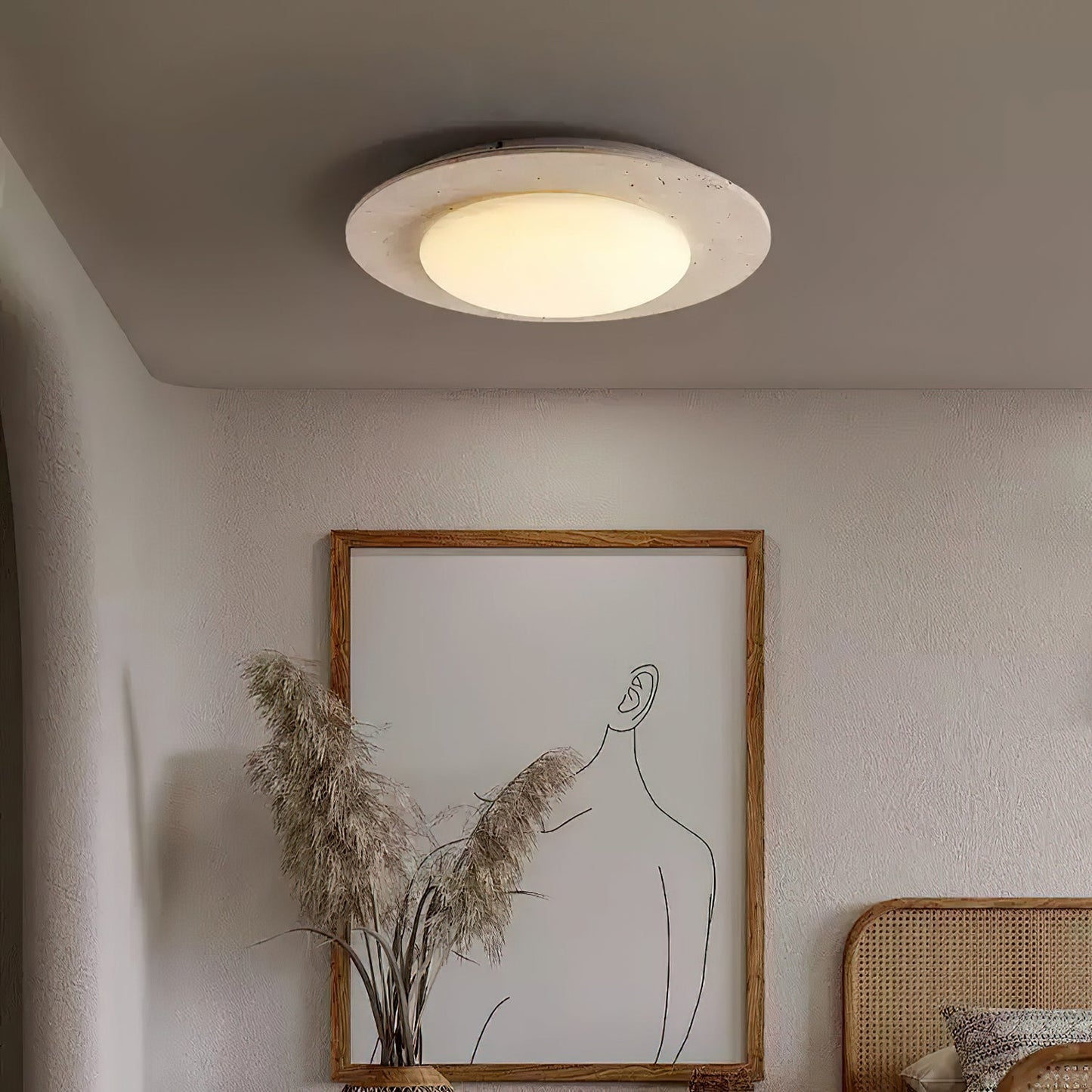 Sky Dome Ceiling Light | Yellow Travertine & Solid Wood | 50cm Diameter