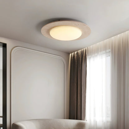 Sky Dome Ceiling Light | Yellow Travertine & Solid Wood | 50cm Diameter