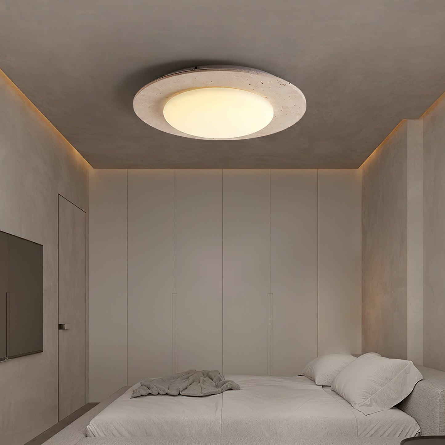 Sky Dome Ceiling Light | Yellow Travertine & Solid Wood | 50cm Diameter