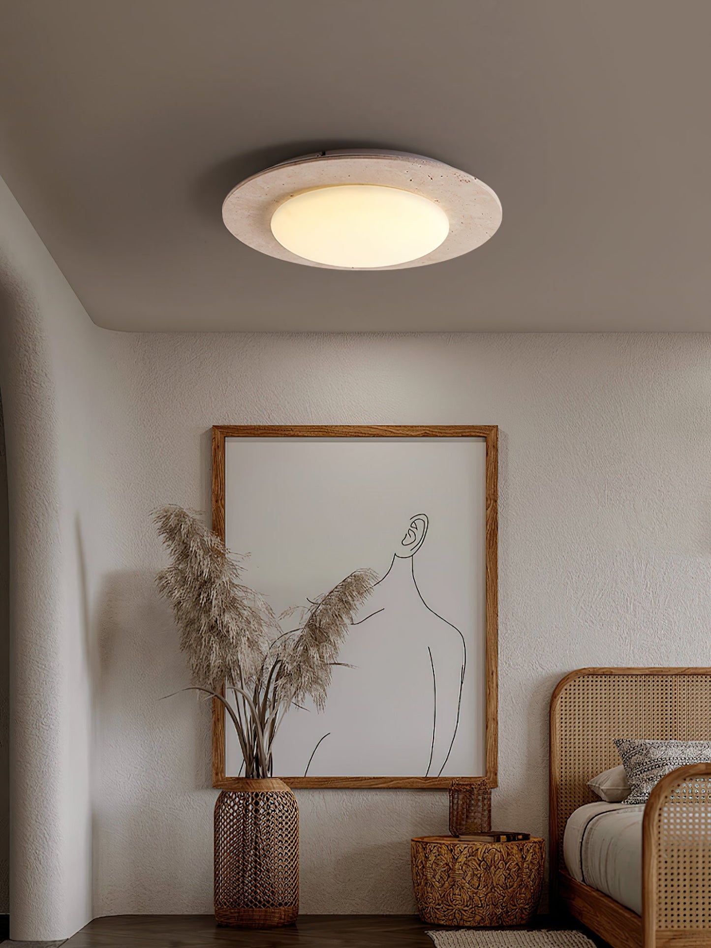 Sky Dome Ceiling Light | Yellow Travertine & Solid Wood | 50cm Diameter