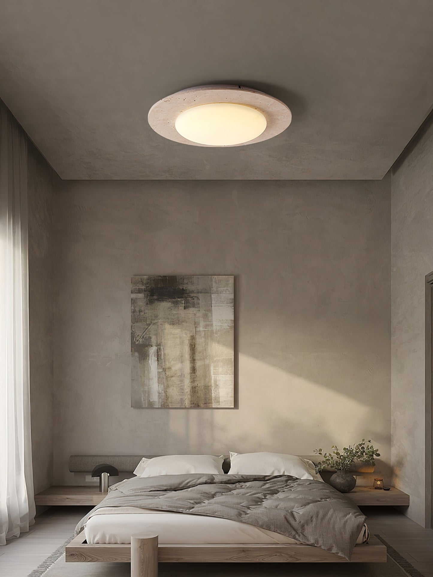 Sky Dome Ceiling Light | Yellow Travertine & Solid Wood | 50cm Diameter