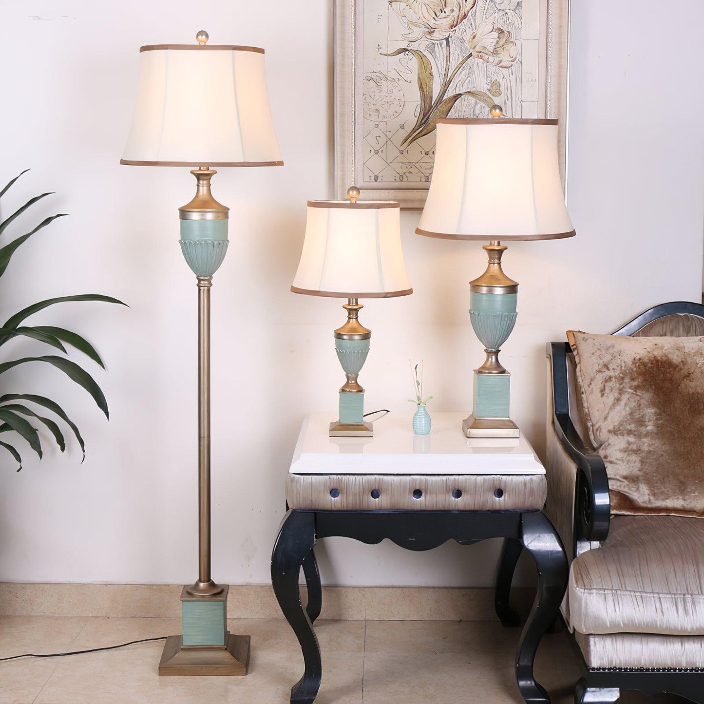 Art Deco Table Lamp | Chiseled Resin Base | Green and Gold Finish