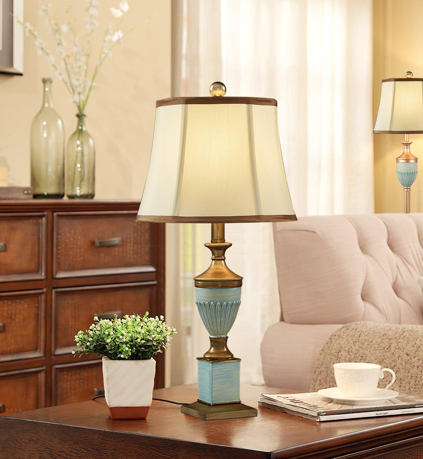 Art Deco Table Lamp | Chiseled Resin Base | Green and Gold Finish