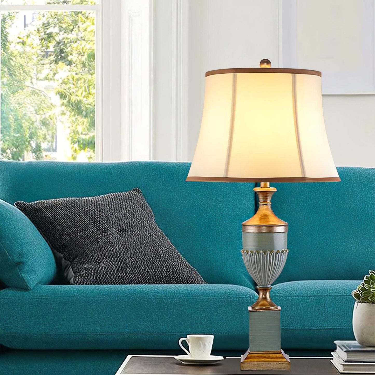 Art Deco Table Lamp | Chiseled Resin Base | Green and Gold Finish