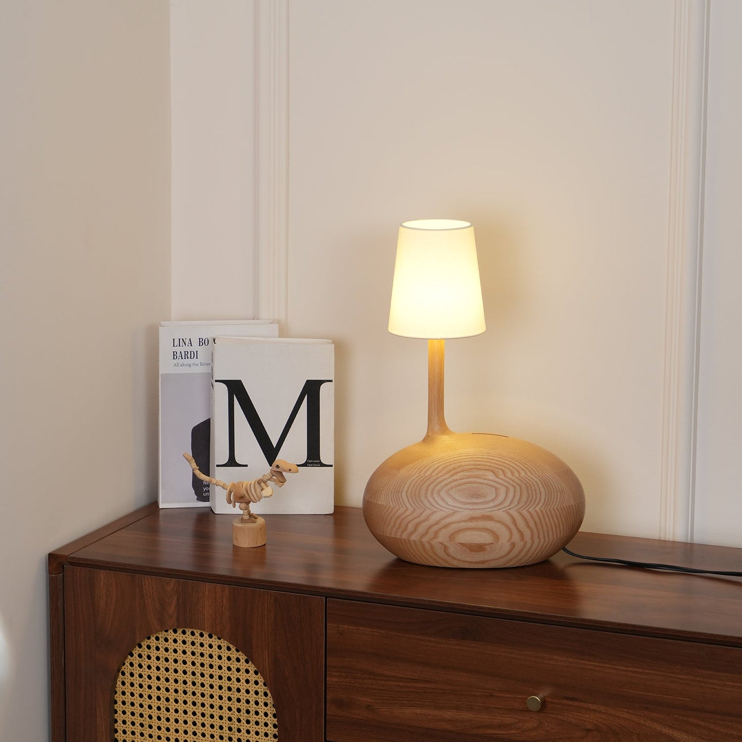 Snail Table Lamp | Wooden Base with White Shade | 30cm Diameter