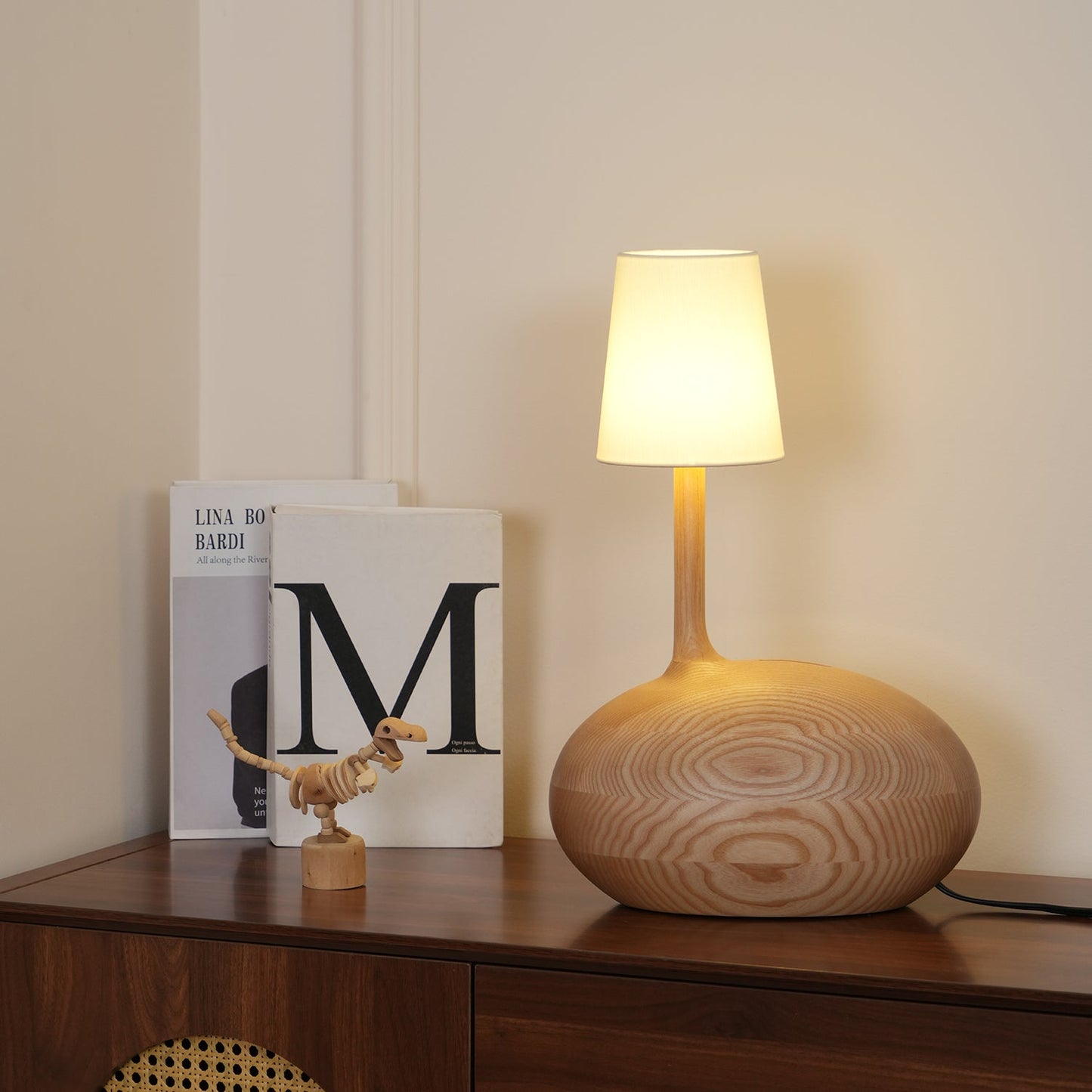 Snail Table Lamp | Wooden Base with White Shade | 30cm Diameter