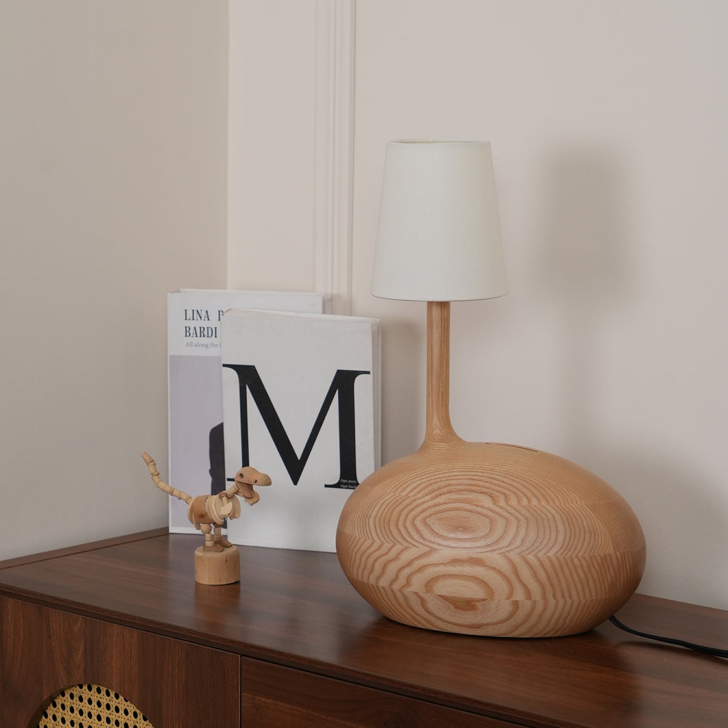 Snail Table Lamp | Wooden Base with White Shade | 30cm Diameter