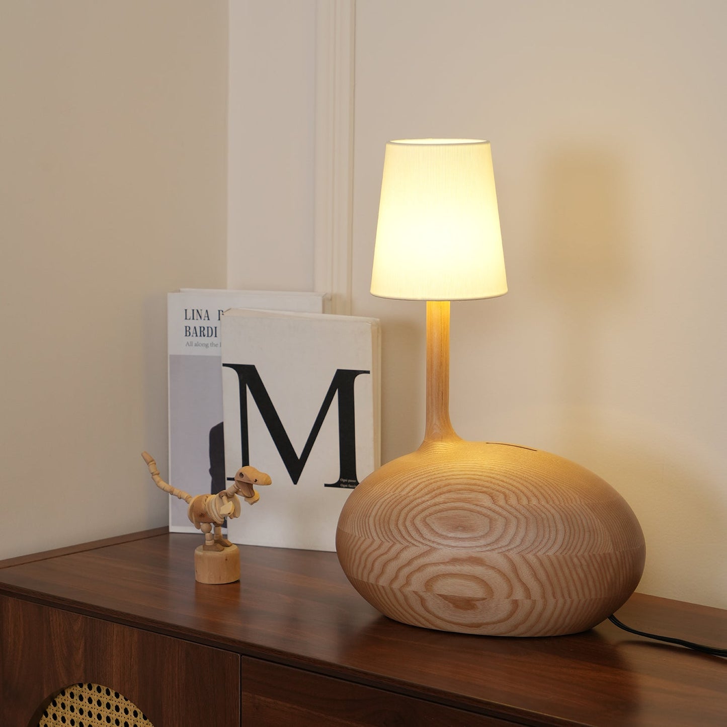 Snail Table Lamp | Wooden Base with White Shade | 30cm Diameter