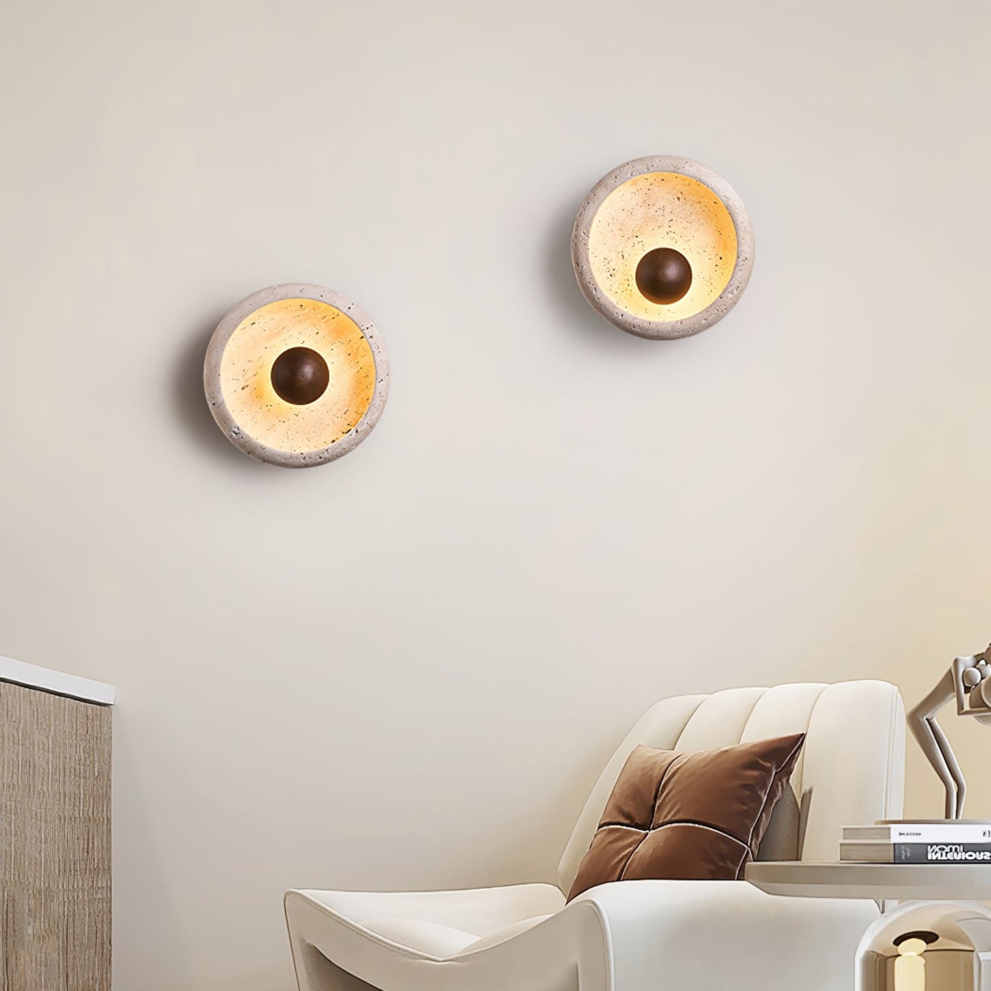 Sol Sphere Wall Lamp | Yellow Travertine & Wood | 20cm Diameter