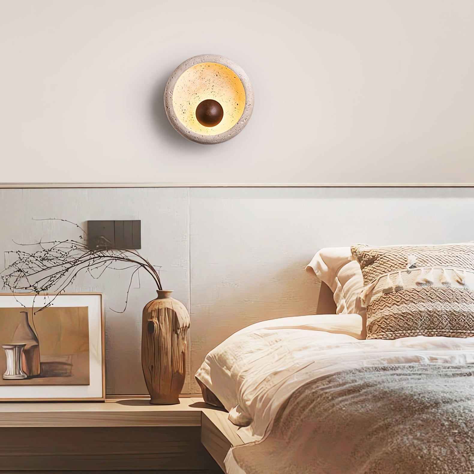 Sol Sphere Wall Lamp | Yellow Travertine & Wood | 20cm Diameter