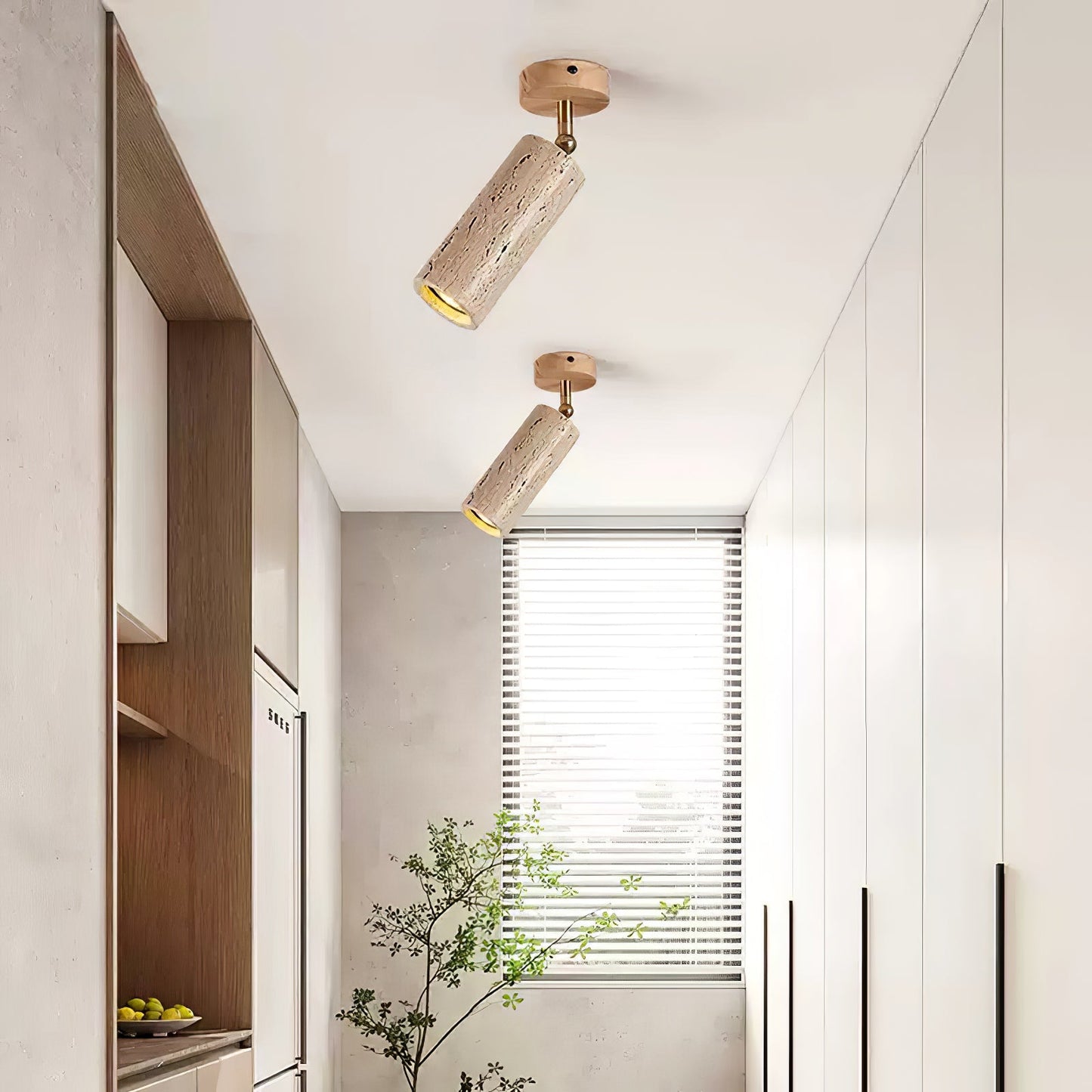 Solis Stone Spotlight | Yellow Travertine & Walnut Wood | Adjustable Ceiling Light