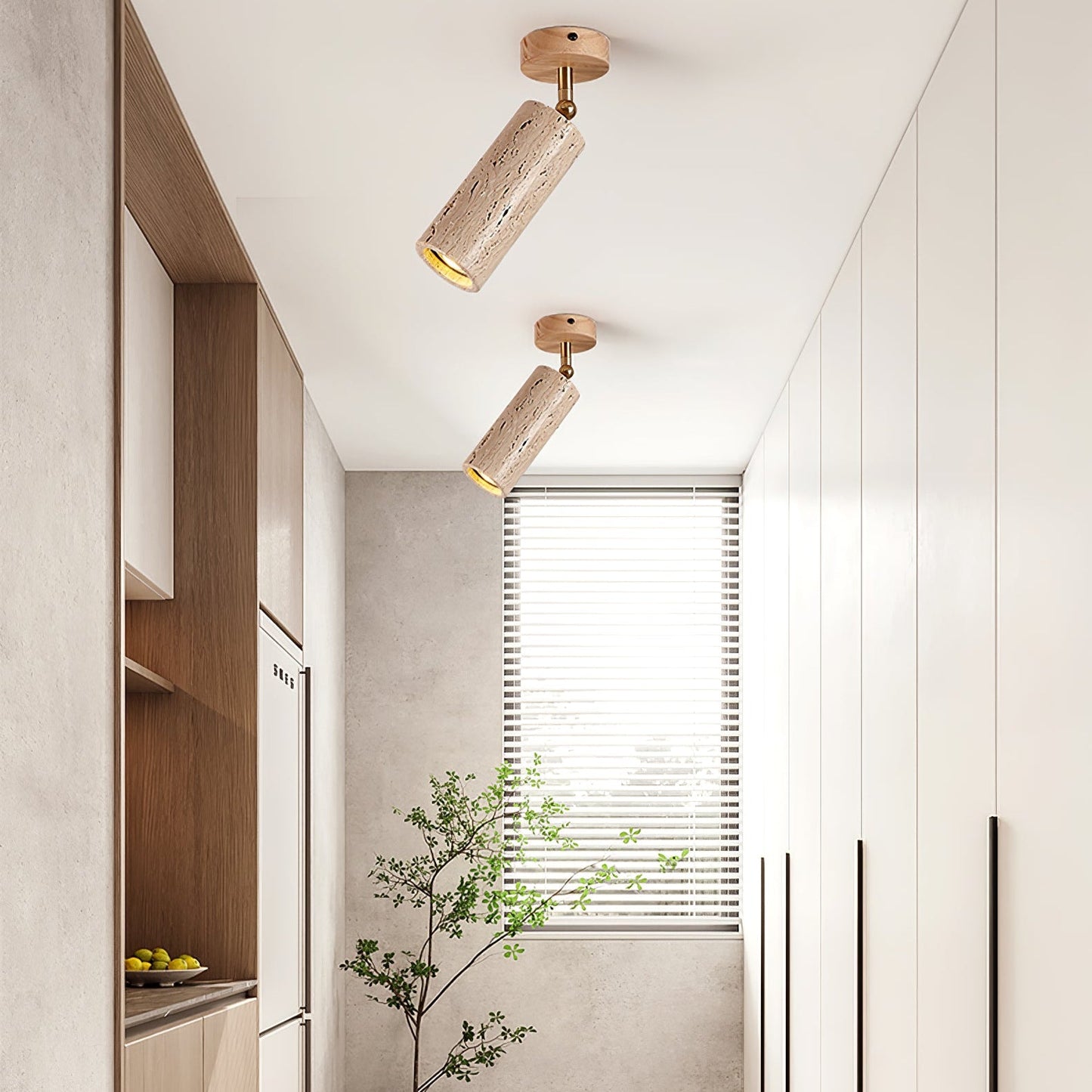 Solis Stone Spotlight | Yellow Travertine & Walnut Wood | Adjustable Ceiling Light