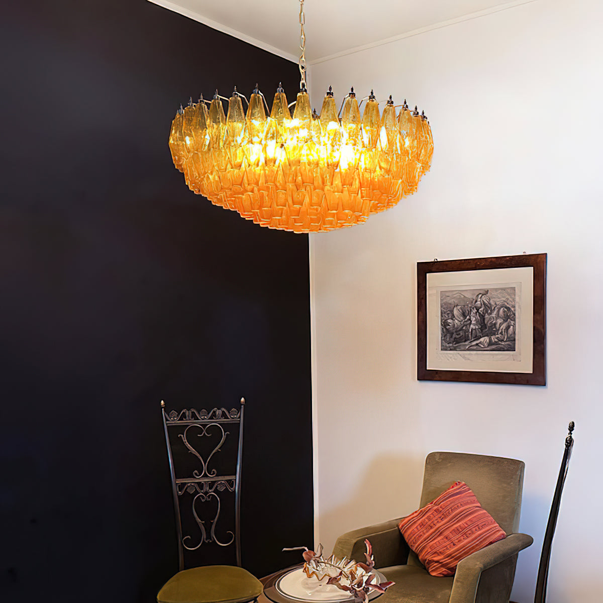 Murano Chandelier | Hand-Crafted Glass & Metal | Amber Copper Finish