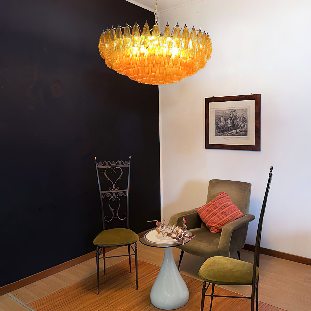Murano Chandelier | Hand-Crafted Glass & Metal | Amber Copper Finish